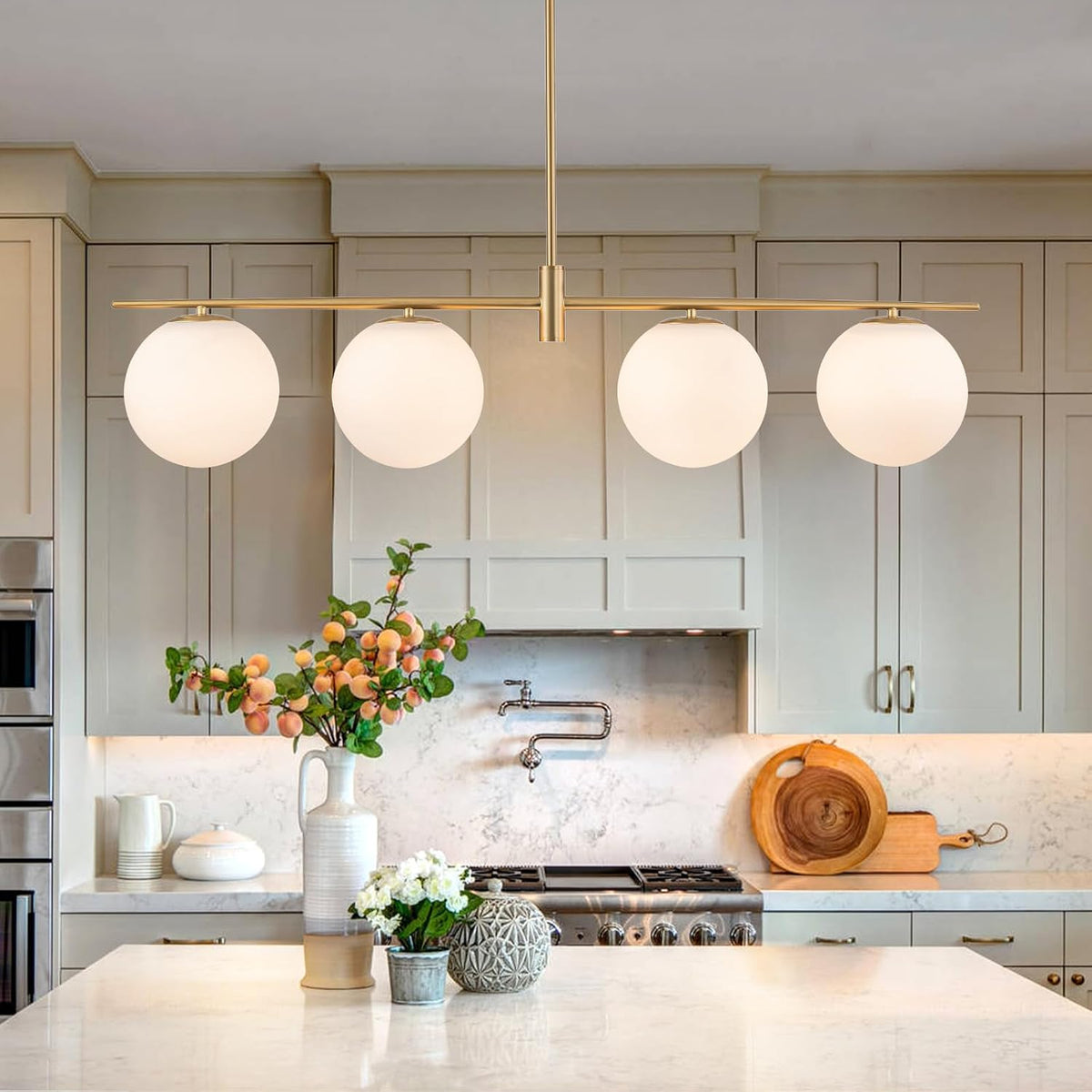 45.3" Modern Linear Chandelier 4-Lights Milk Glass Globe Linear Pendant Light Fixture Brushed Gold Mid Century