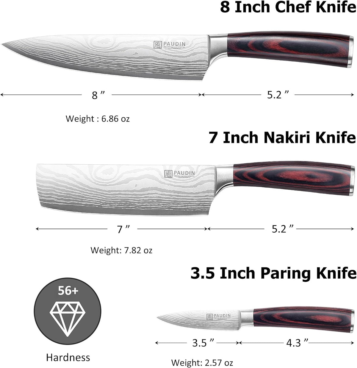 Kitchen Knife Set, 3 Piece High Carbon Stainless Steel Professional Chef Knife Set with Ultra Sharp Blade & Wooden