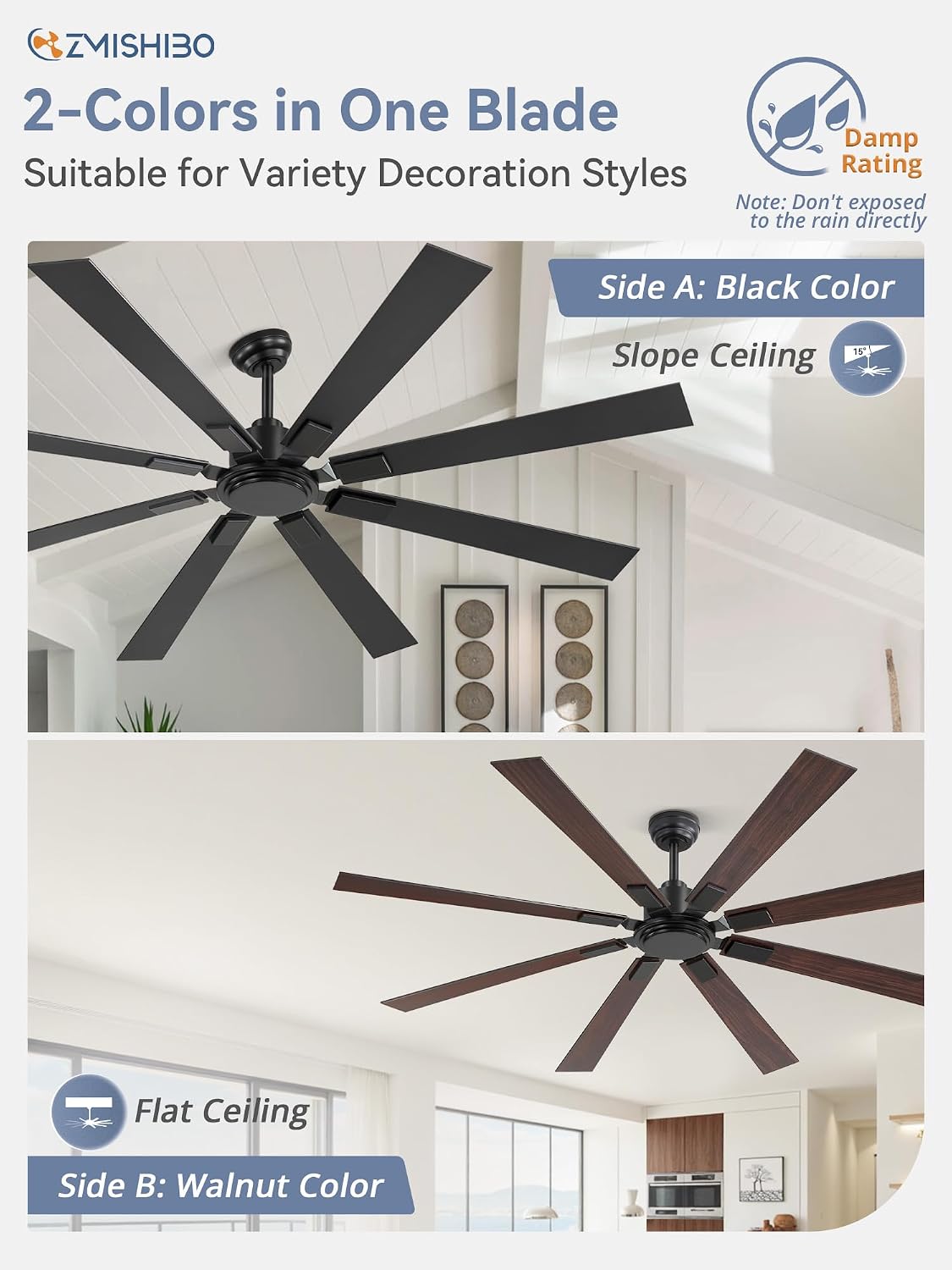 72" Black Ceiling Fan with Remote, No Light