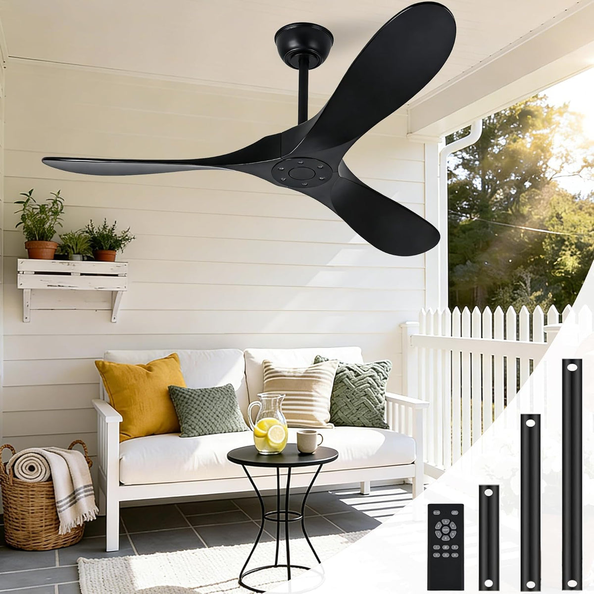 72" Black Indoor/Outdoor Ceiling Fan with Remote, No Light