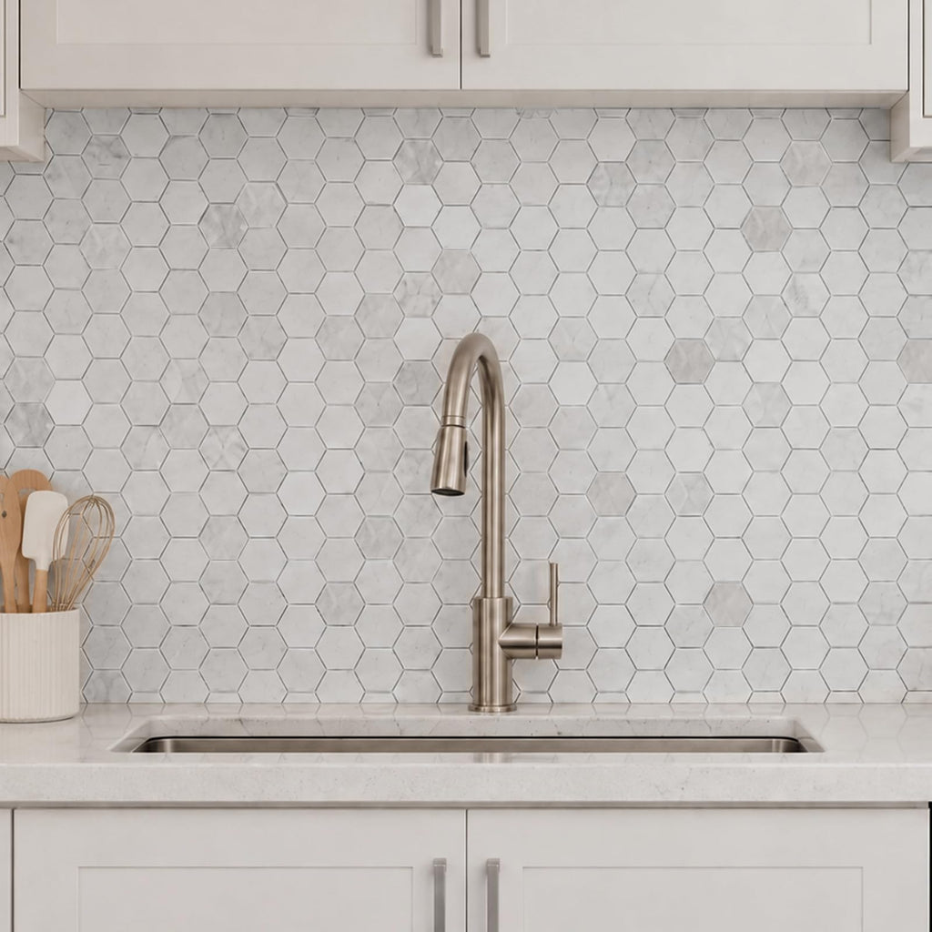 Andes Grey Marble Stone 2 Inch Hexagon White Marble Mosaic Tile Wall Bathroom Shower Floor (5 Sheet, Honed)