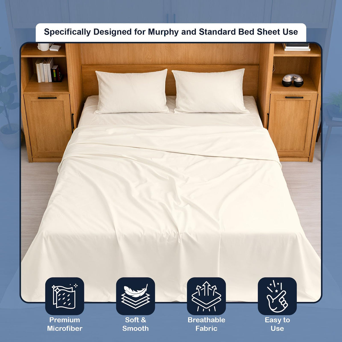 Murphy Bed Sheets - Luxury Bed Linen Set - 1800 Microfiber, Ivory, 4 Pc Set with Deep Pockets