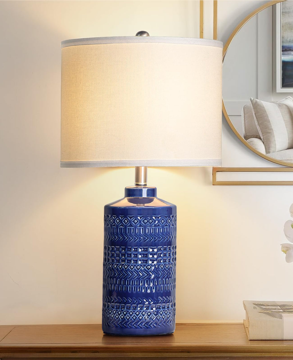 24.5" Navy Blue Table Lamp Modern Bedside Ceramic Lamps 3-Way Dimmable Entryway Nightstand Farmhouse Lamp Bedroom