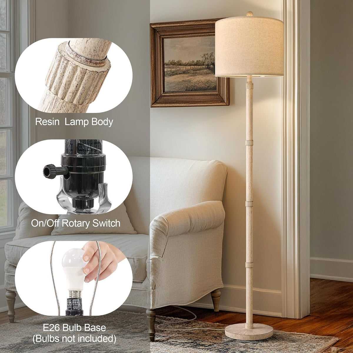 Retro Farmhouse Floor Lamp Rotary Switch, 62" Resin Vintage Floor Lamp, Rustic Tall Floor Lamps, Corner, Bedroom