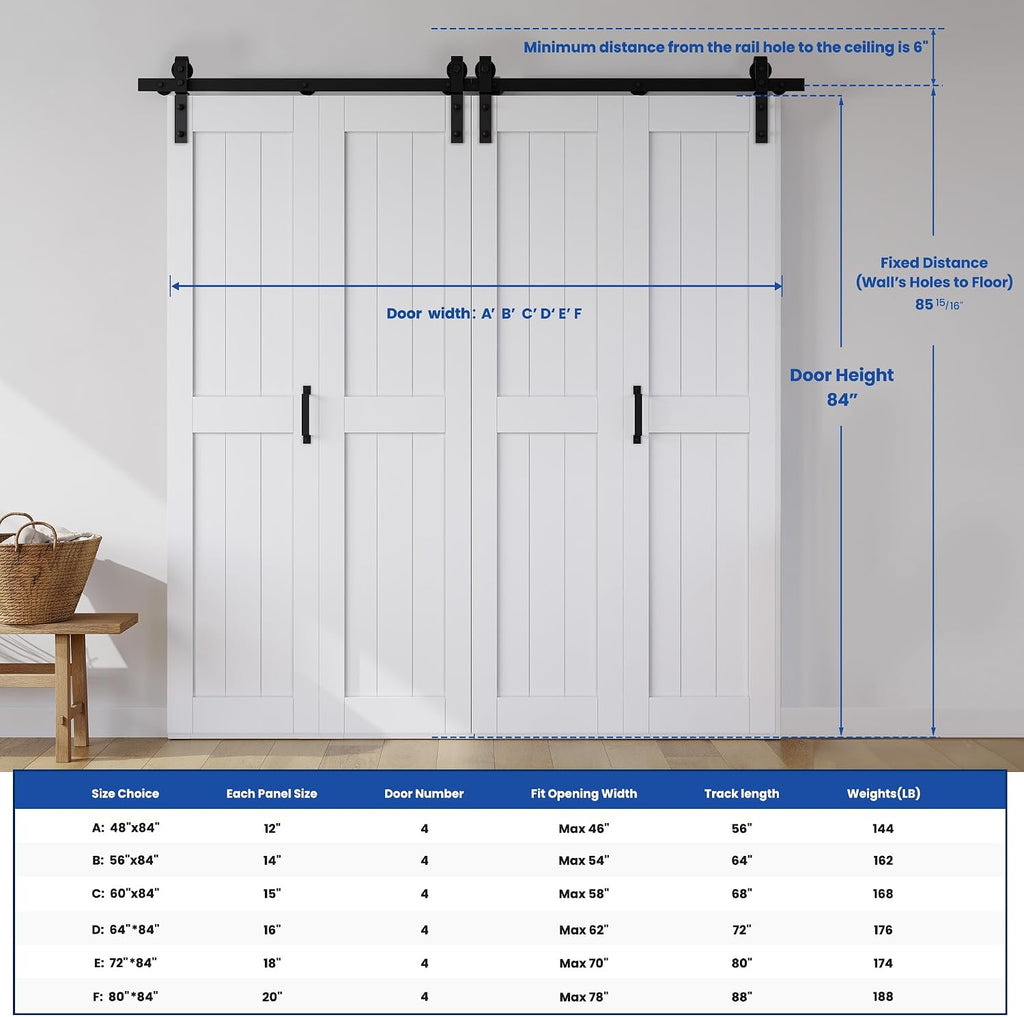 Bifold Barn Door 60" x 84", MDF Bi-Fold Sliding Closet Doors with Hardware Kit Included, Pre-Finished Easy Assembly, Water-Proof PVC Surface & Save Space, H-Frame, 68" Track for 4 Doors,White