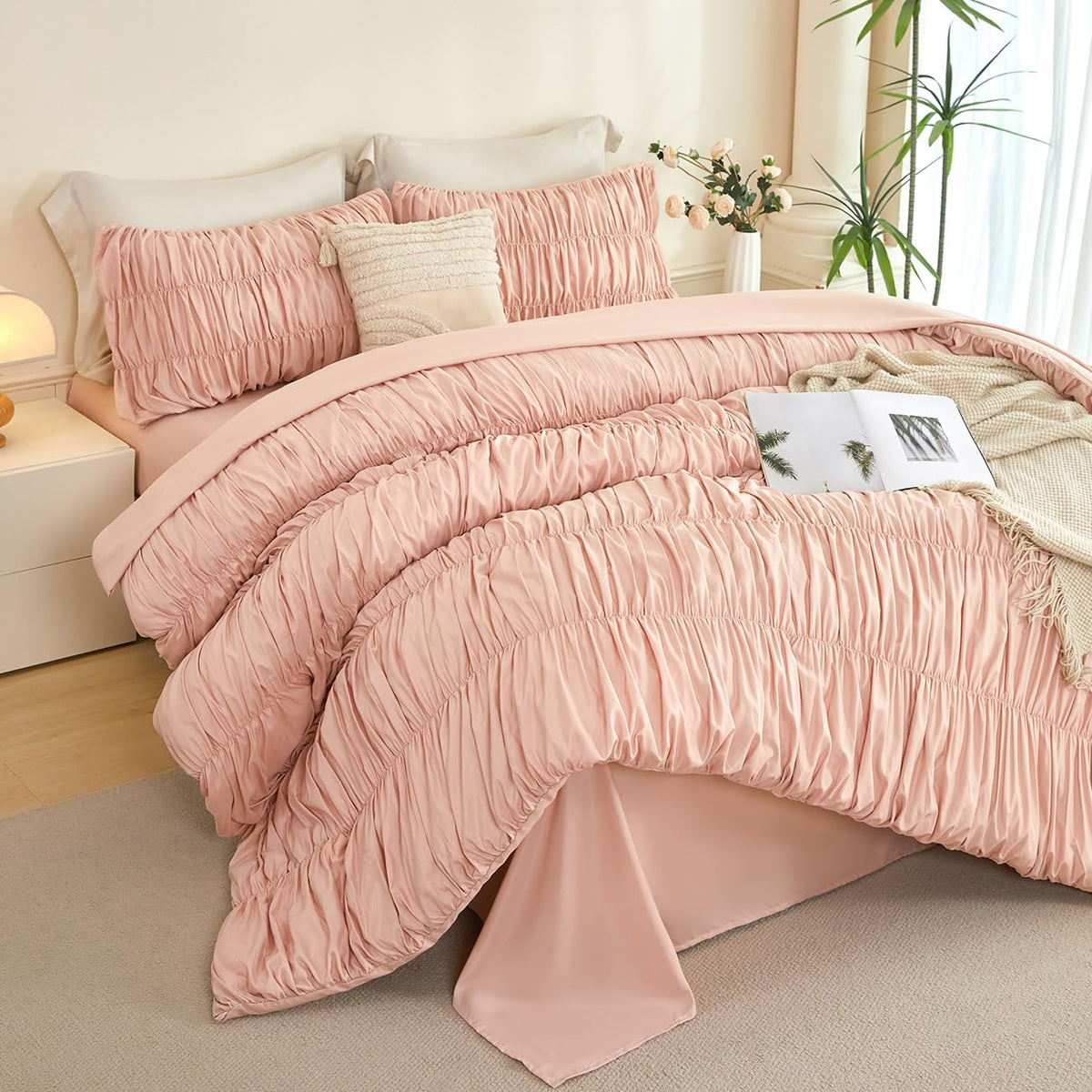 Blush Bed in a Bag 5-Piece Boho Ruched Bedding Comforter Set Soft Luxury Fluffy Pleated Textured Pink