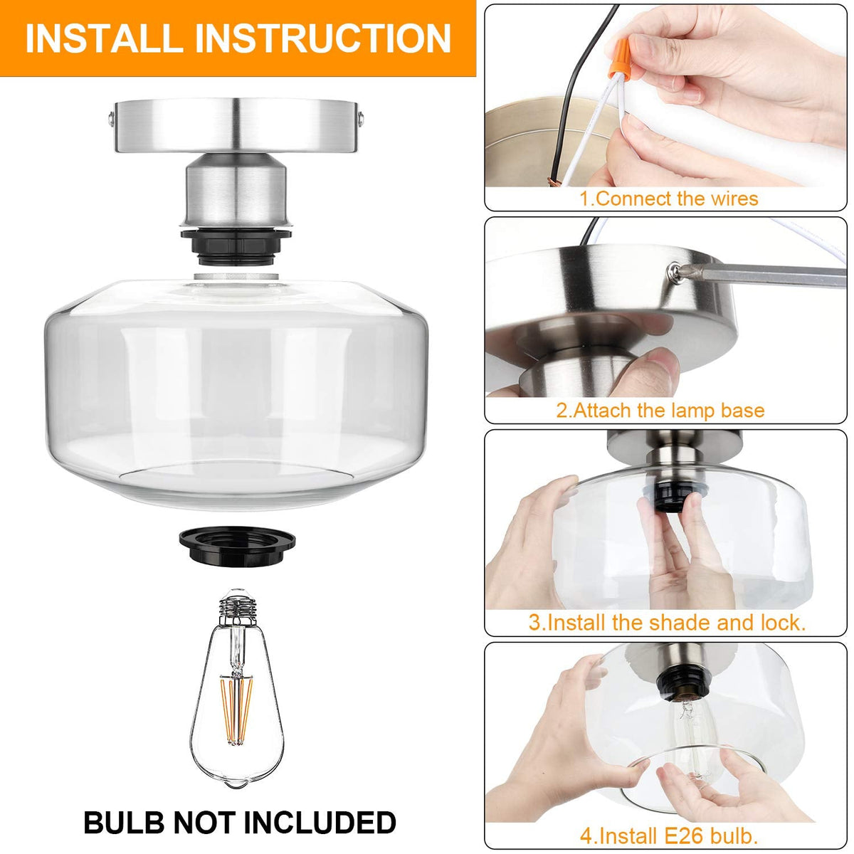 Industrial Semi Flush Mount Ceiling Light Brushed Nickel, Clear Glass Pendant Lamp Shade Farmhouse Lighting Hallway
