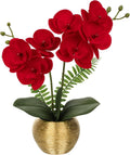 13" Small Artificial Orchid Flowers in Gold Ceramic Pot, Red Faux Phalaenopsis Silk Orchid Arrangement Vanity Bedroom