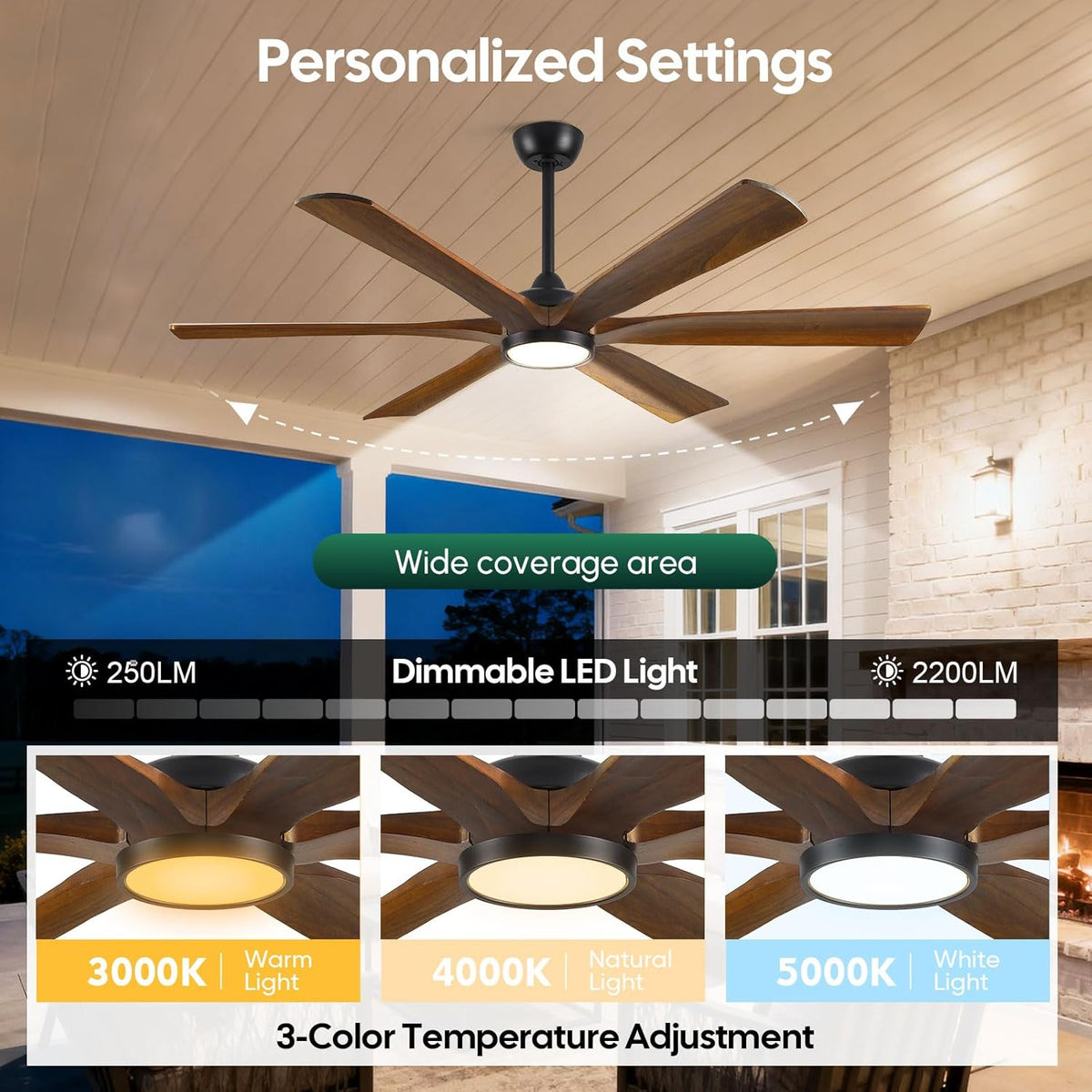 72" Wood Outdoor Smart Ceiling Fan with Light & Remote