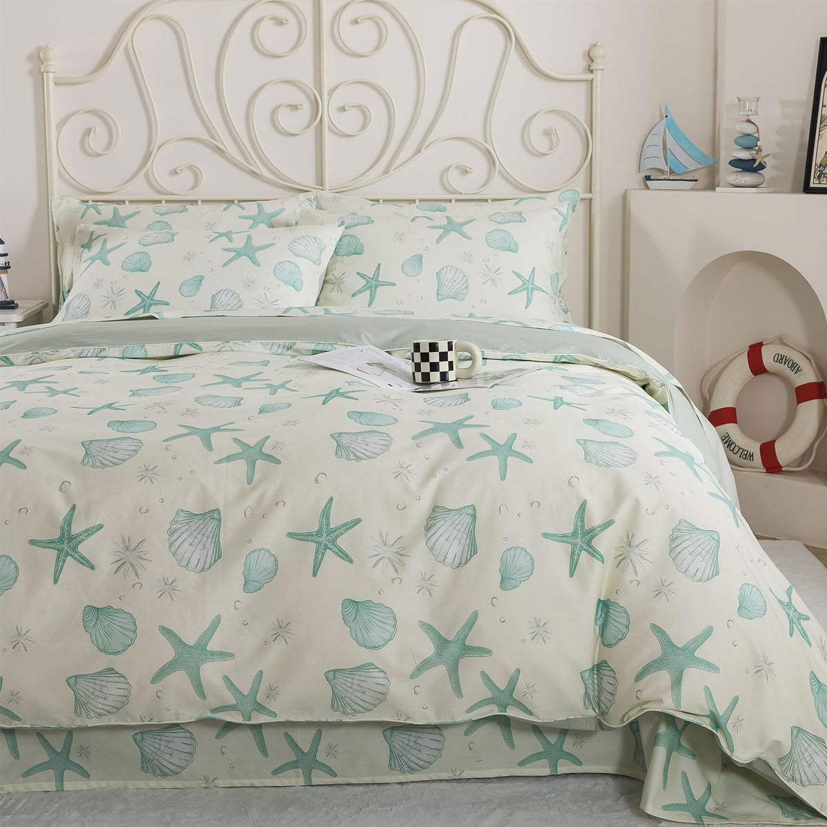 Premium 100% Cotton Coastal Duvet Cover Set - Soft Breathable Beach Bedding, Seafoam Green Starfish & Seashell
