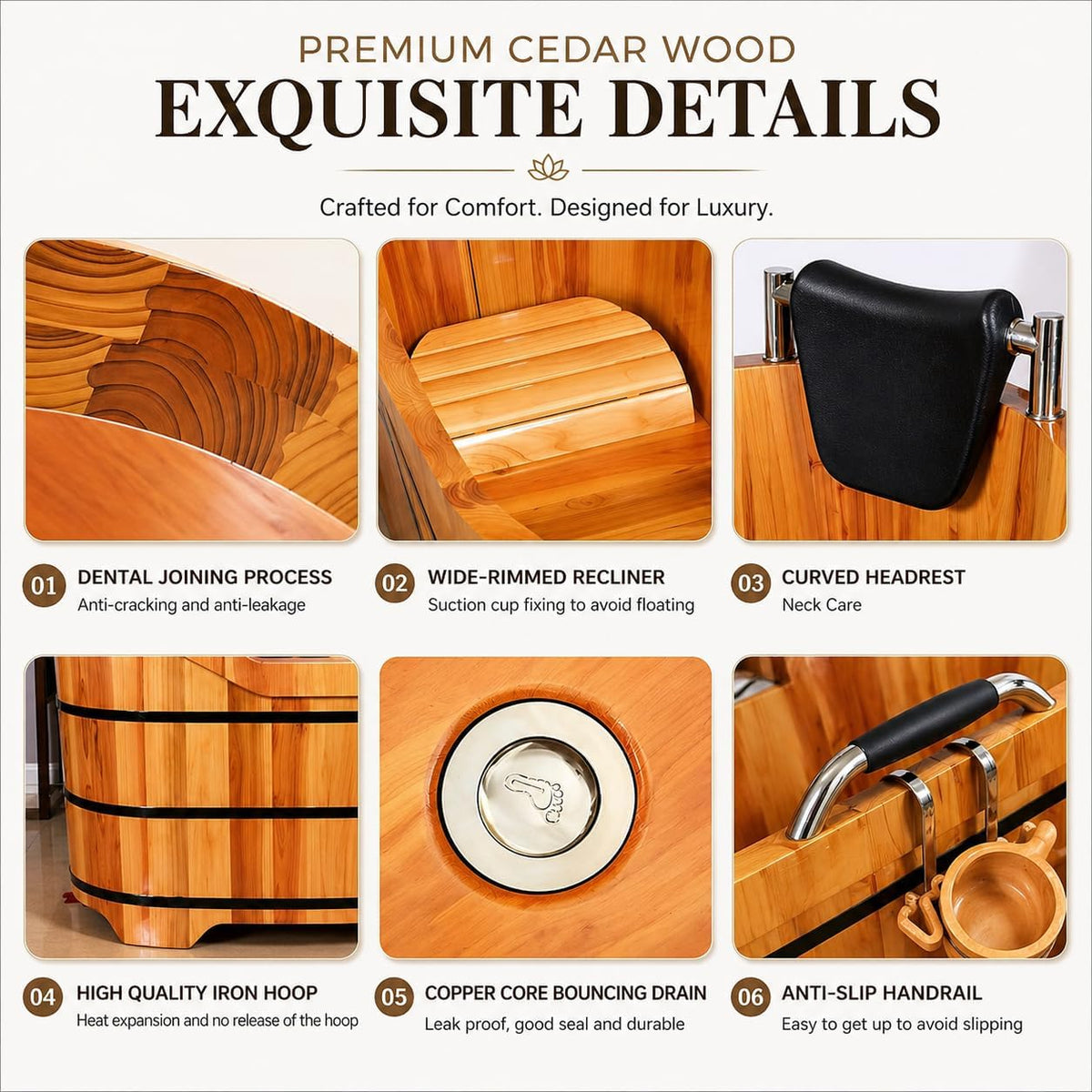 Cedar Wood Soaking Tub for Adults, Freestanding Wooden Bathtub with Lid & Steamer, Deep Japanese Style Bath Tub with Seat, Home Spa Bath Barrel (NW, 47.2 in)