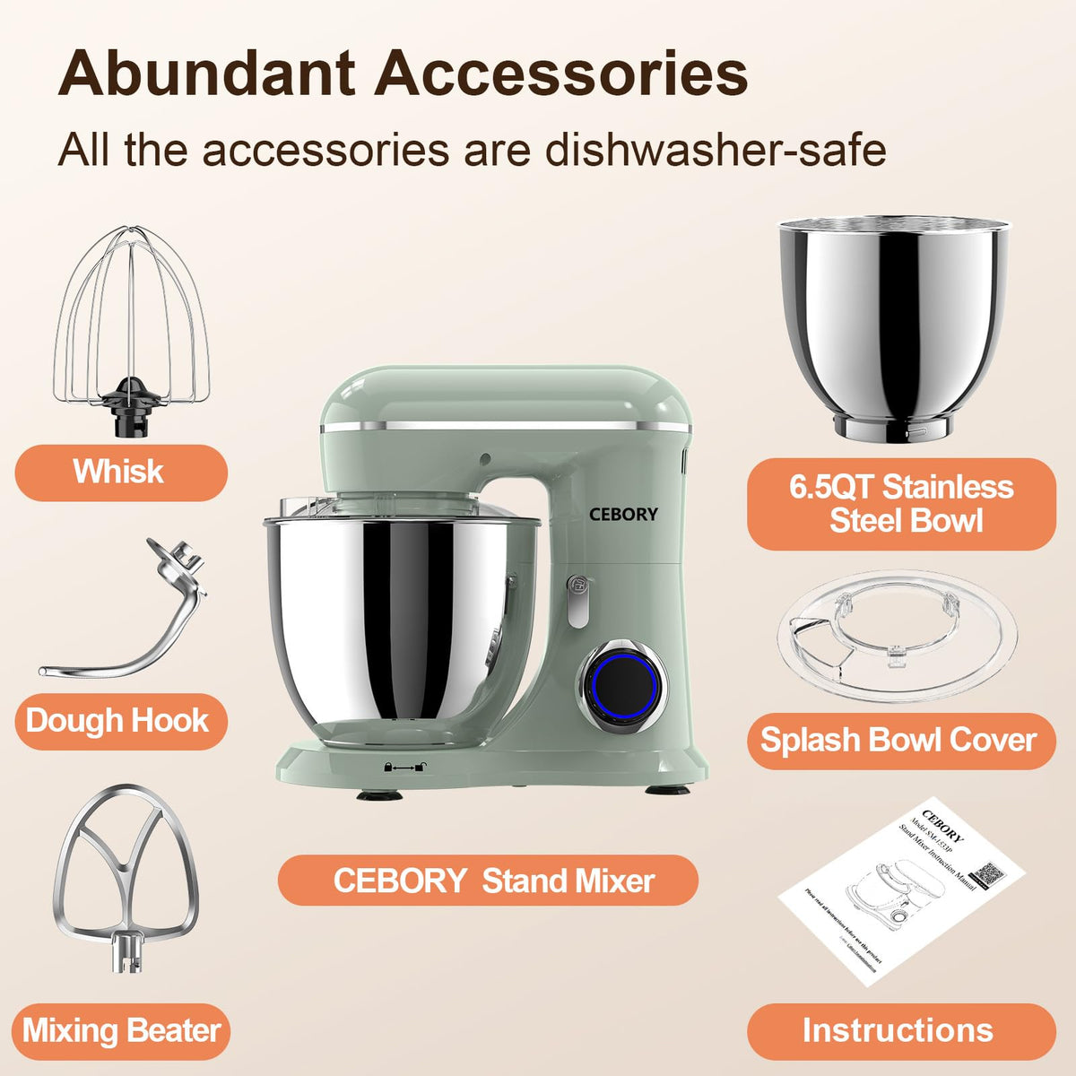3-IN-1 Electric Stand Mixer, 6.5QT Bowl 660W 10-Speed Kitchen Mixer, Household Food Mixers include Dough Hook, Beater