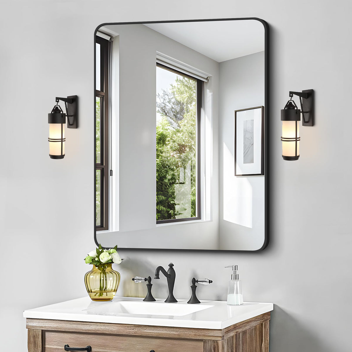 Bathroom Mirror 30" X 40", Large Rectangular Wall Mirror, Black Metal Framed Rounded Corner Wall Mounted Mirror