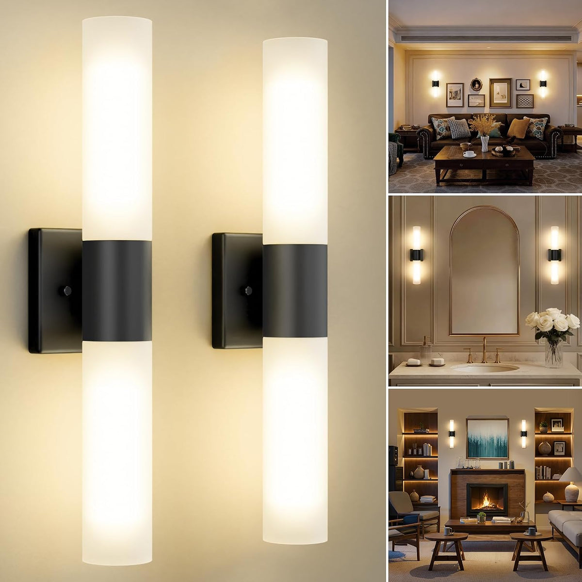 Wall Sconces Set of Two, Modern 21" Vanity, Frosted Glass, Black | Indoor Wall Light Fixture. , Mirror, Bedroom