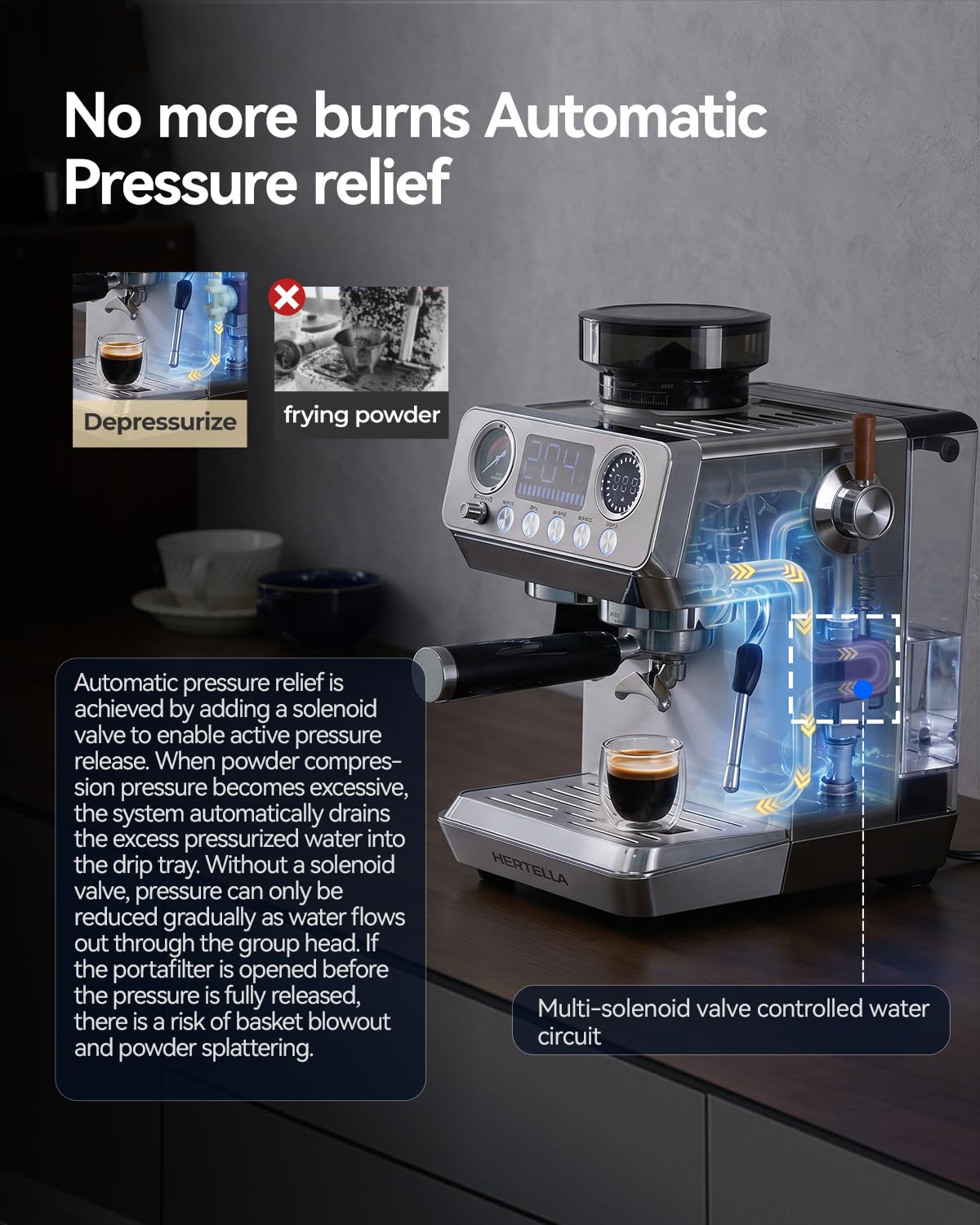 Espresso Machine with Burr Grinder, 20 Bar Visual Pressure Gauge, Milk Frother Steam Wand, Stainless Steel, 4