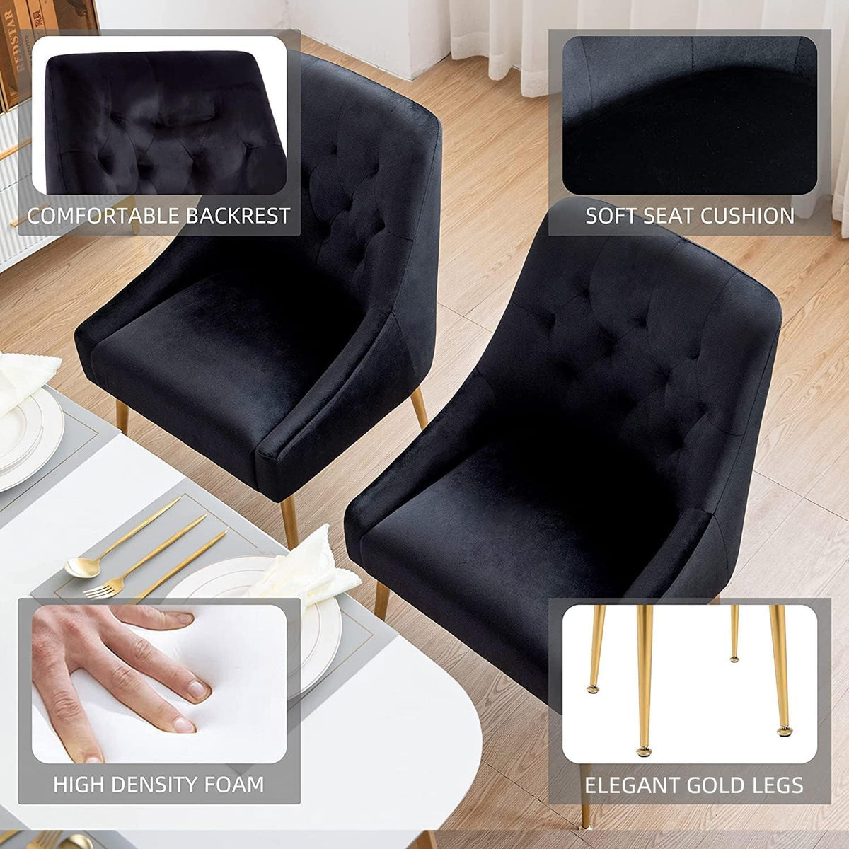 Modern Dining Chair Set of 4, Mid-Century Room Chair, Upholstered Comfortable Velvet with Back Pull Rod and Metal