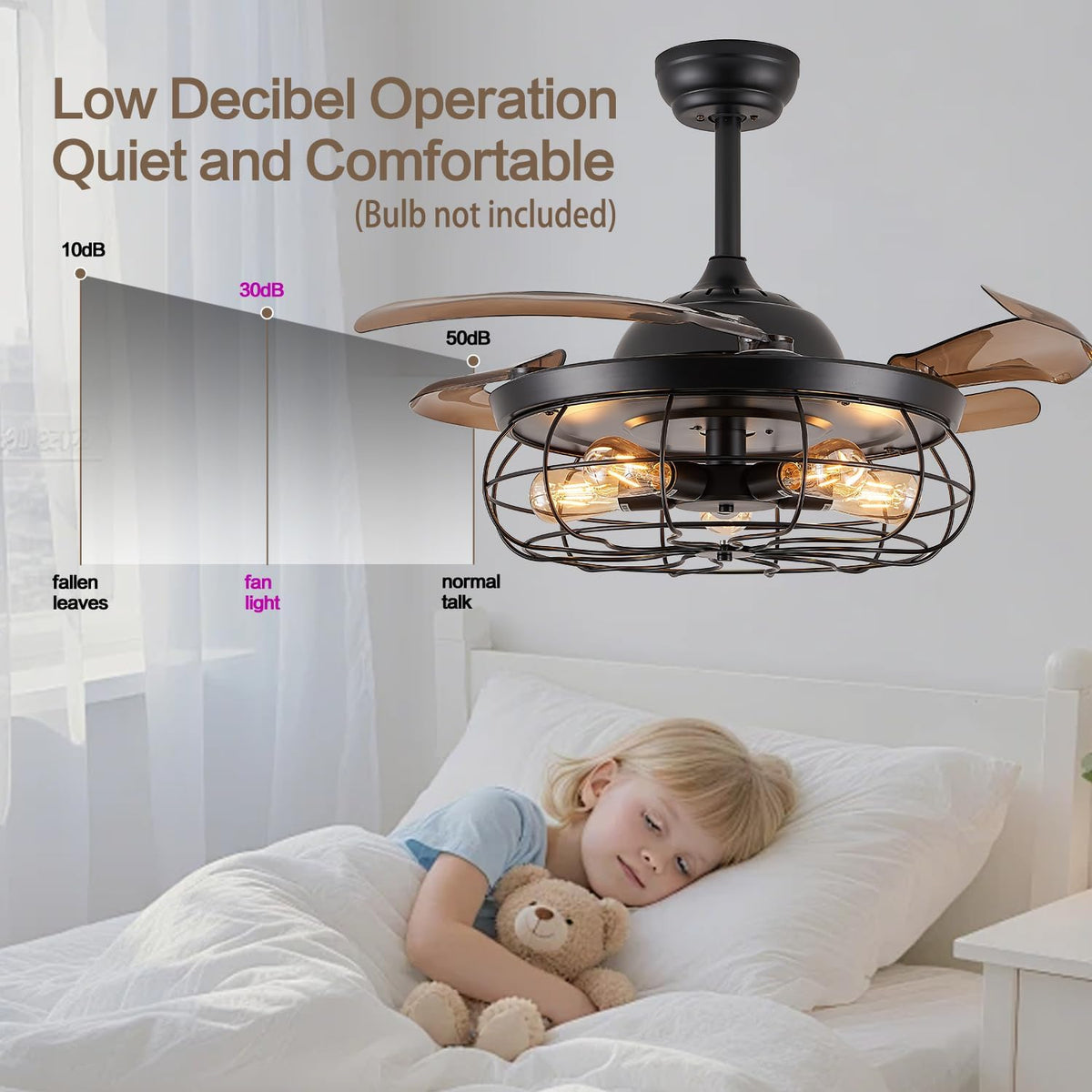 36" Retractable Ceiling Fan, Industrial Retro Caged Ceiling Fans with Remote Controller Vintage Style Rustic