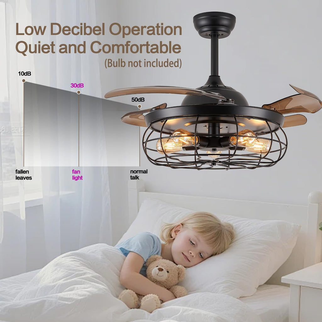 36" Retractable Ceiling Fan, Industrial Retro Caged Ceiling Fans with Remote Controller Vintage Style Rustic