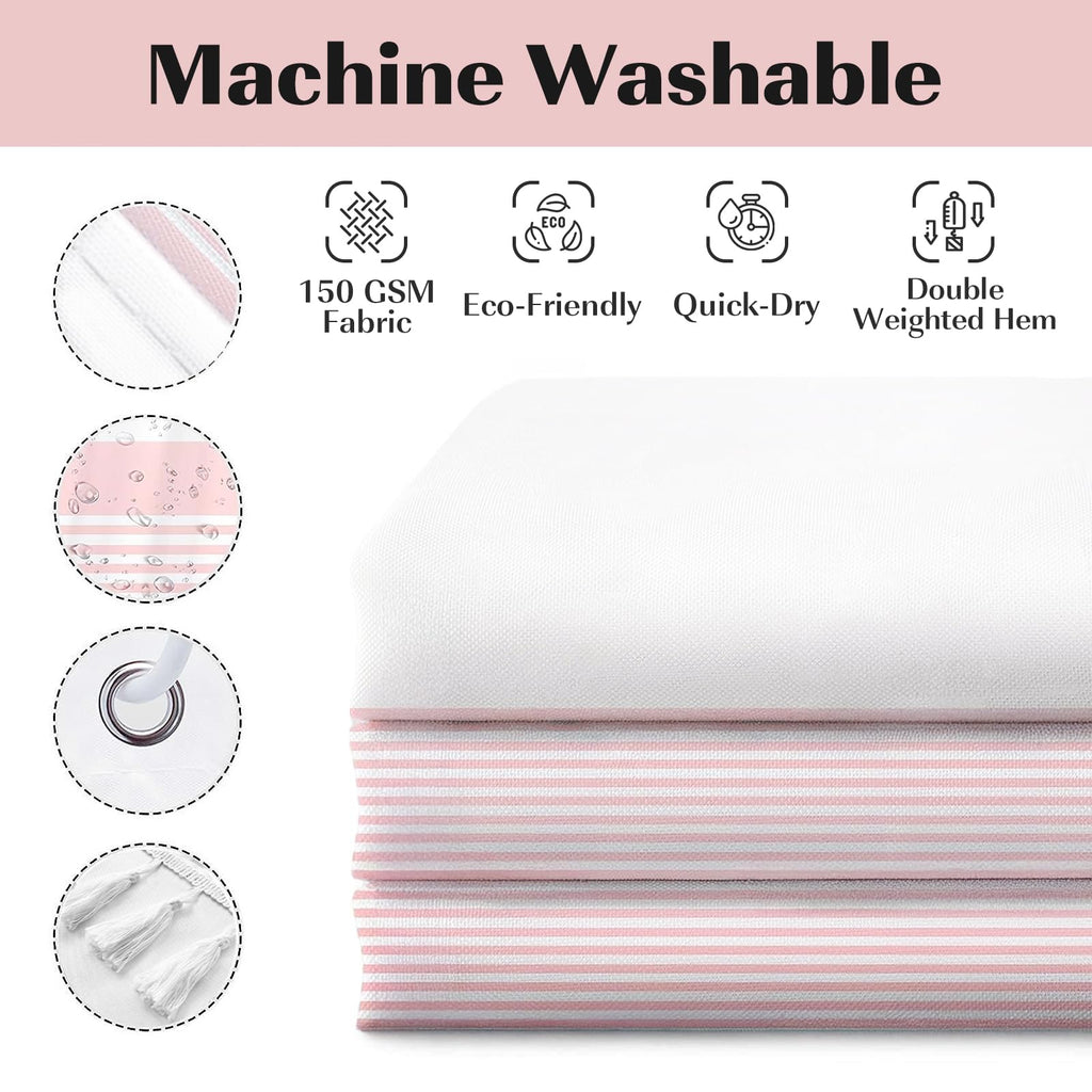 Pink Tassel White Fabric Long Decor, Striped Shower Curtains, 84 Inch Shower Curtains Waterproof 72 x 84