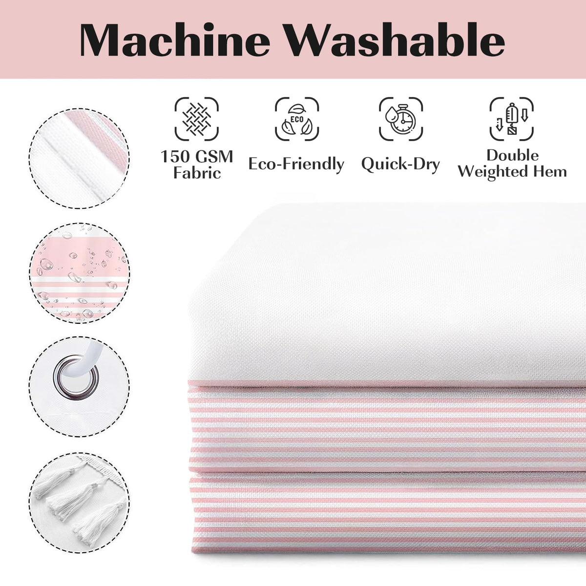 Pink Tassel White Fabric Long Decor, Striped Shower Curtains, 84 Inch Shower Curtains Waterproof 72 x 84