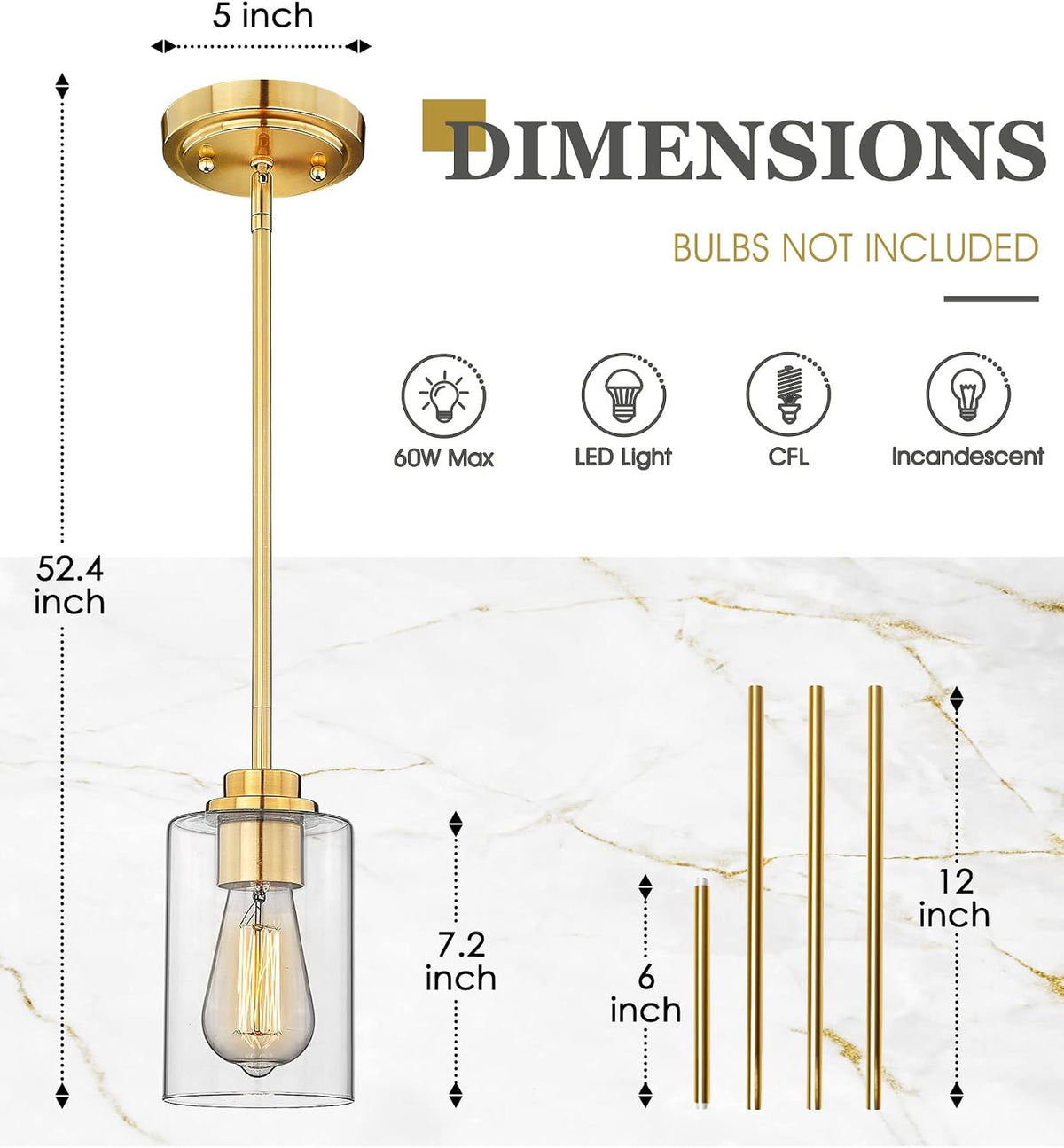 Brass Pendant Lights Kitchen Island 2 Pack, Farmhouse Gold Pendant Lighting with Clear Glass Shade, Mini Hanging