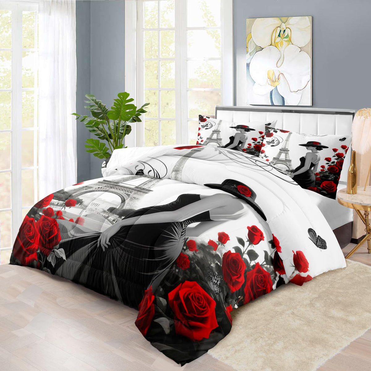 Paris Comforter Set Queen French Girl Comforter Women Paris Bedding Set Girls Red Rose Bedding Women Quilt Fashion