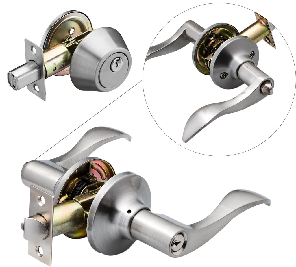 Entrance Lever Door Handle ( and Front Door) Reversible for Right and Left Side and a Single Cylinder deadbolt Set