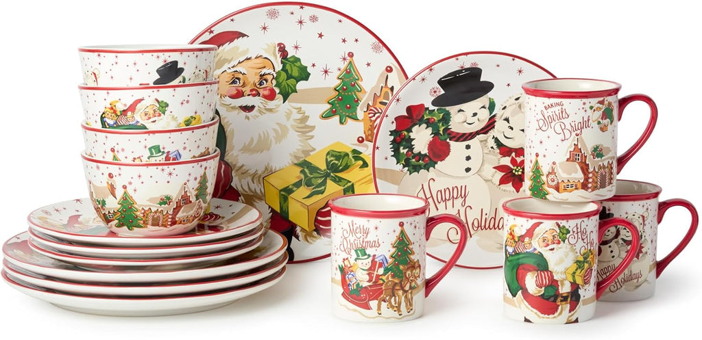 Santa's Retro Christmas 16 pc Dinnerware Set, Service for Holiday Plates, Bowls & Mugs with Vintage Santa