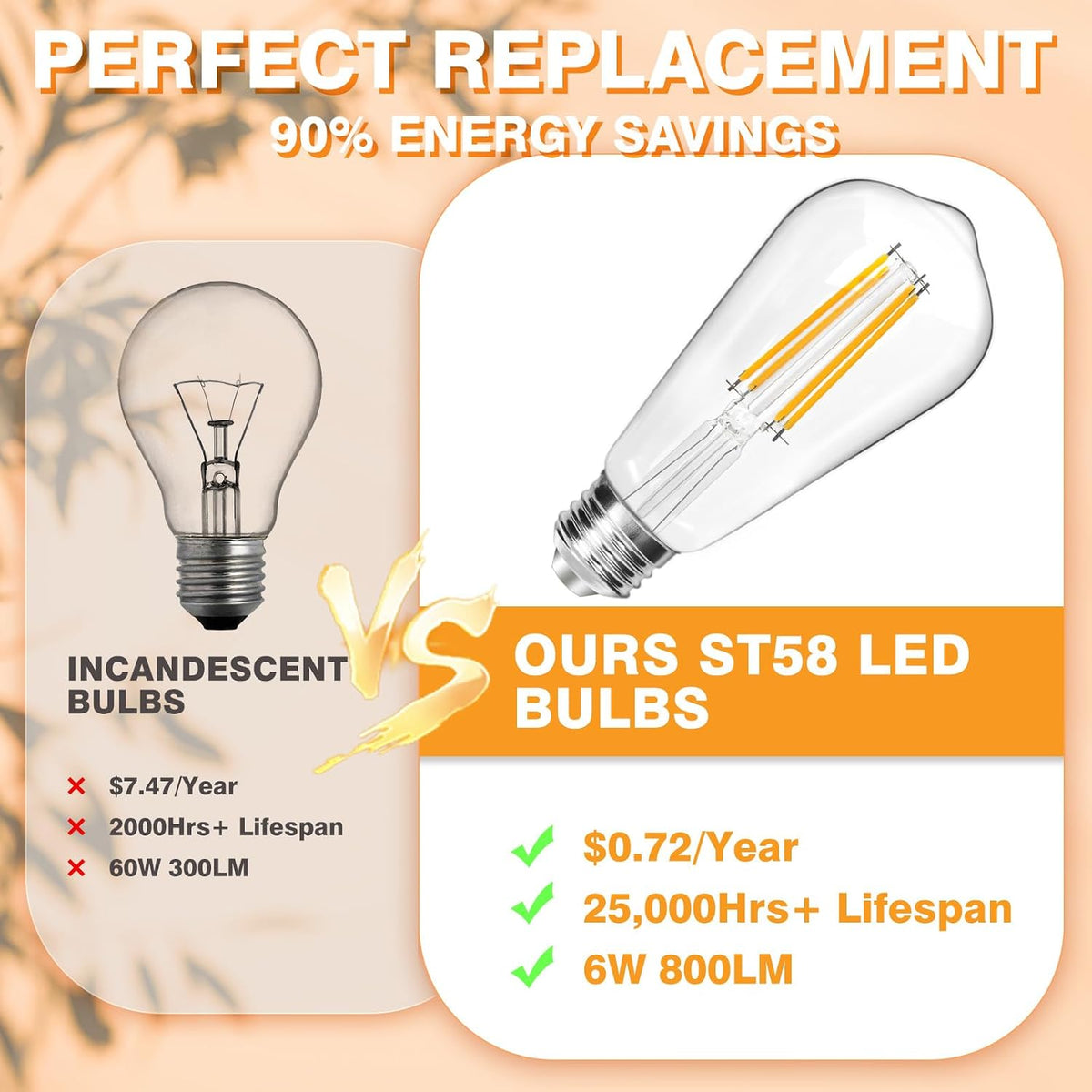 LED Light Bulbs Dimmable Vintage Edison Bulb, E26 LED Bulb 60W Equivalent 800 Lumens, Neutral White 4000K, ST58