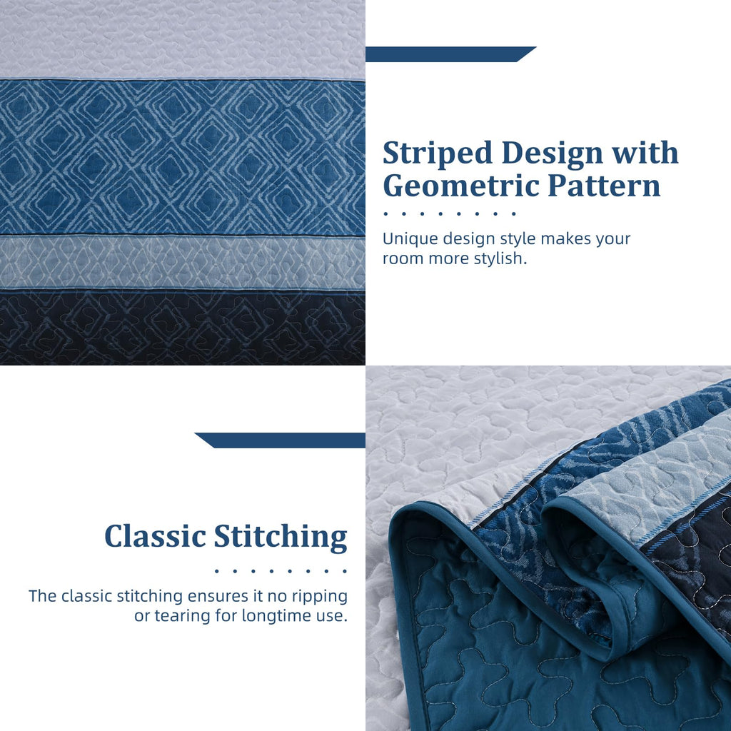 Navy Blue Quilt Set, Striped Plaid Bedspread Coverlet Set