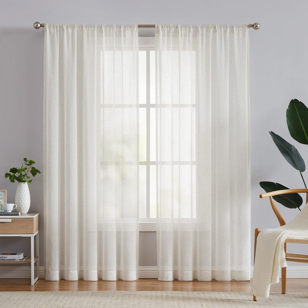 Beige Linen Sheer Curtains, 84 Inches, 2 Panels