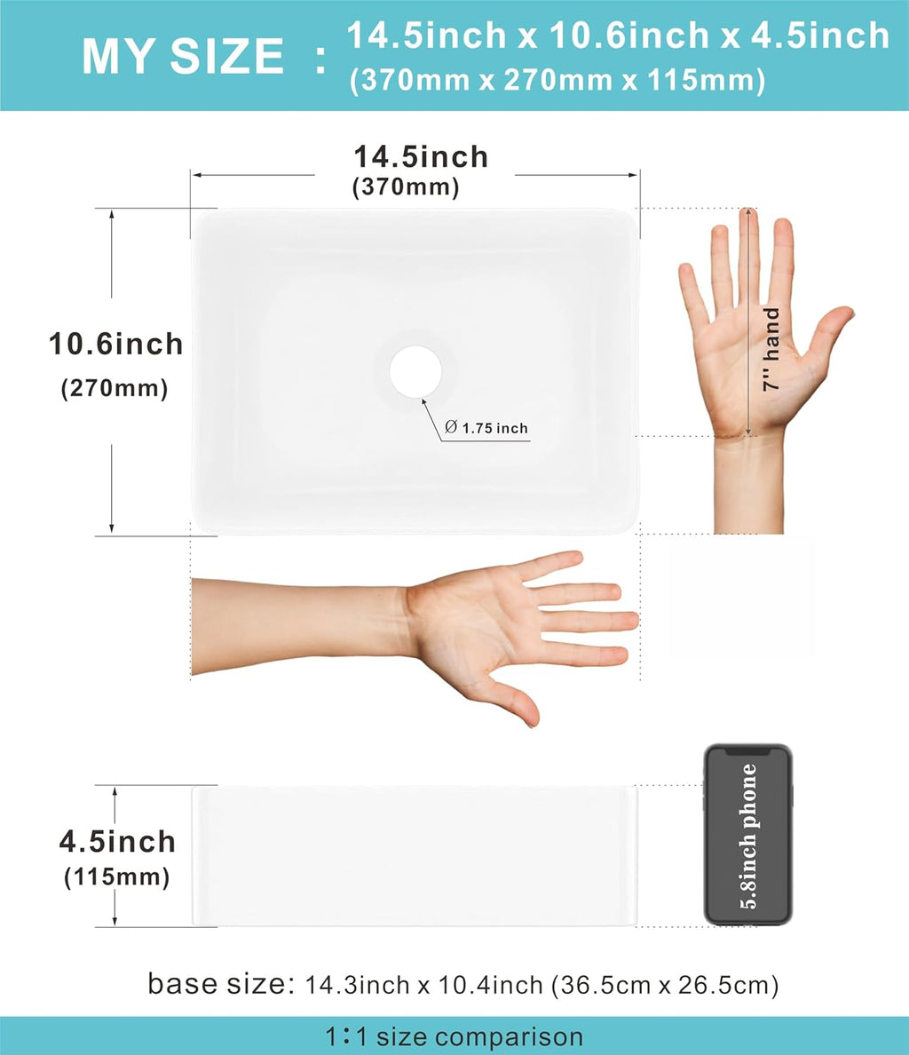 J-FAMILY 14.5'' x 10.6'' Small Vessel Sink Bathroom Above Counter White Porcelain Ceramic Rectangular Sink Bowl Small