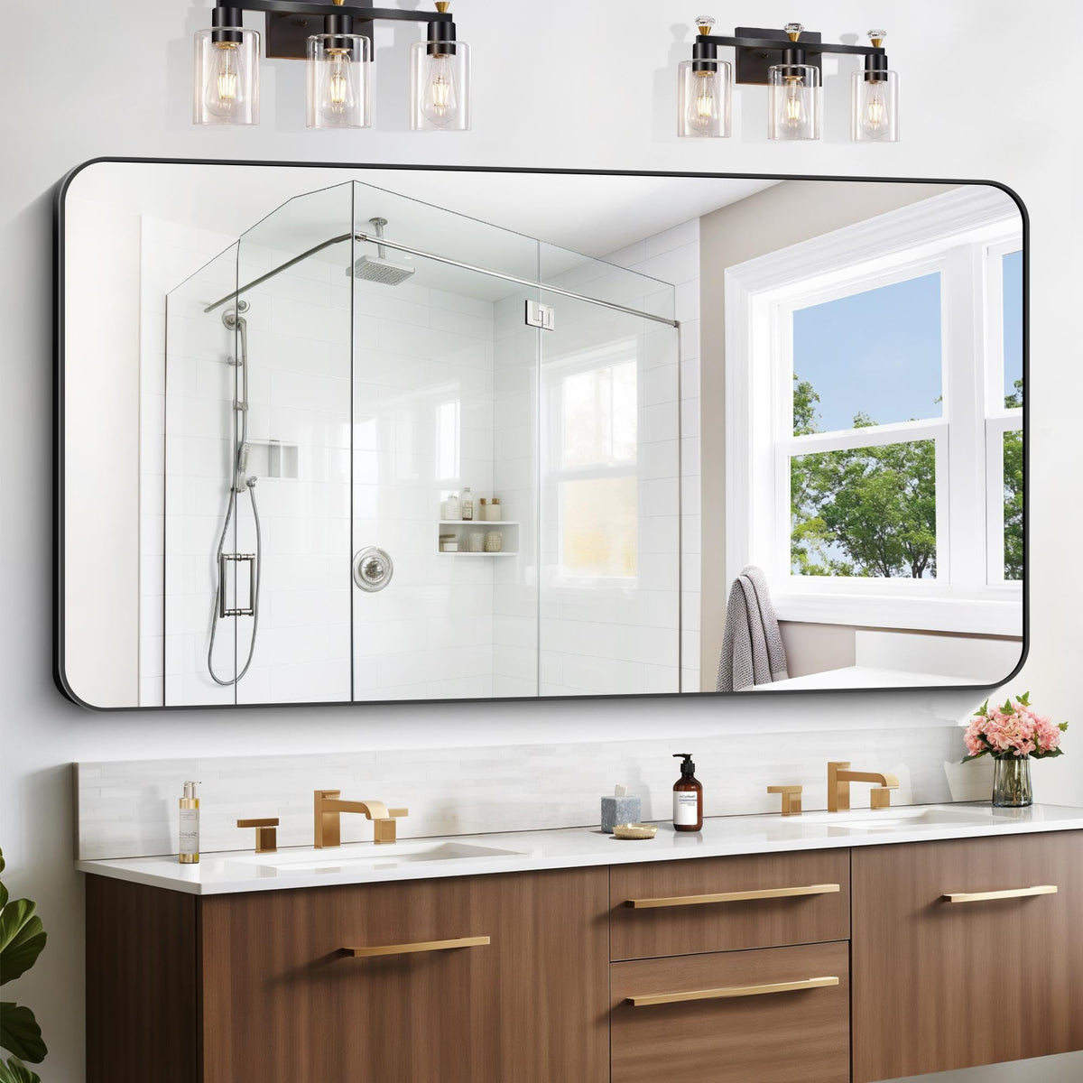 Large Bathroom Mirror 72x36 inch, Black Rectangle Mirrors with Metal Frame, Rounded Corner Rectangular Mirror