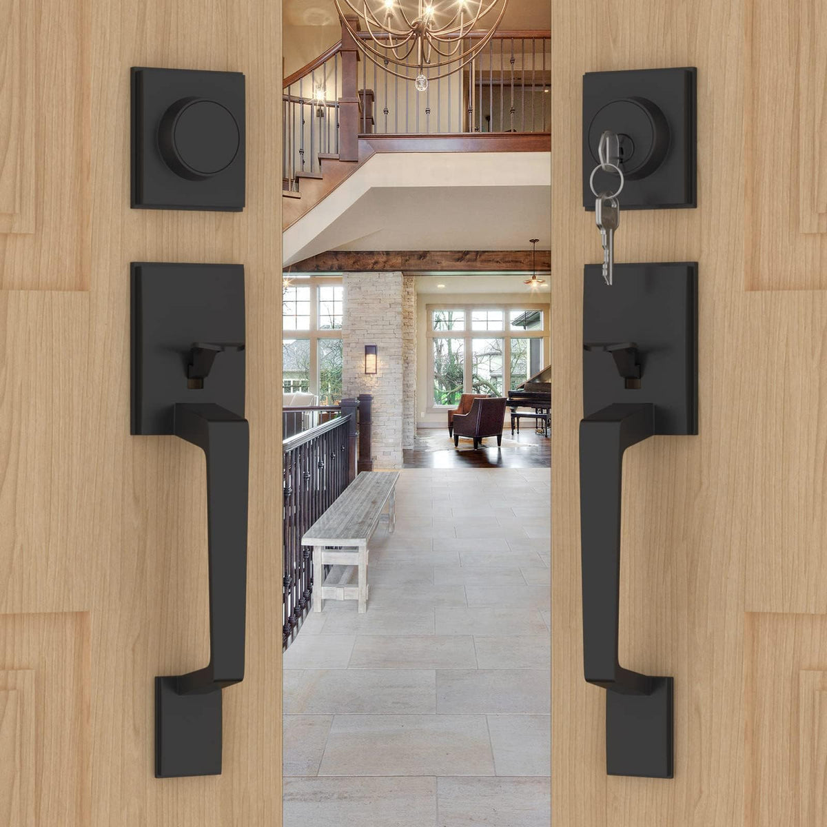 Double Door Handle Set, Black Double Door Handleset with Dummy