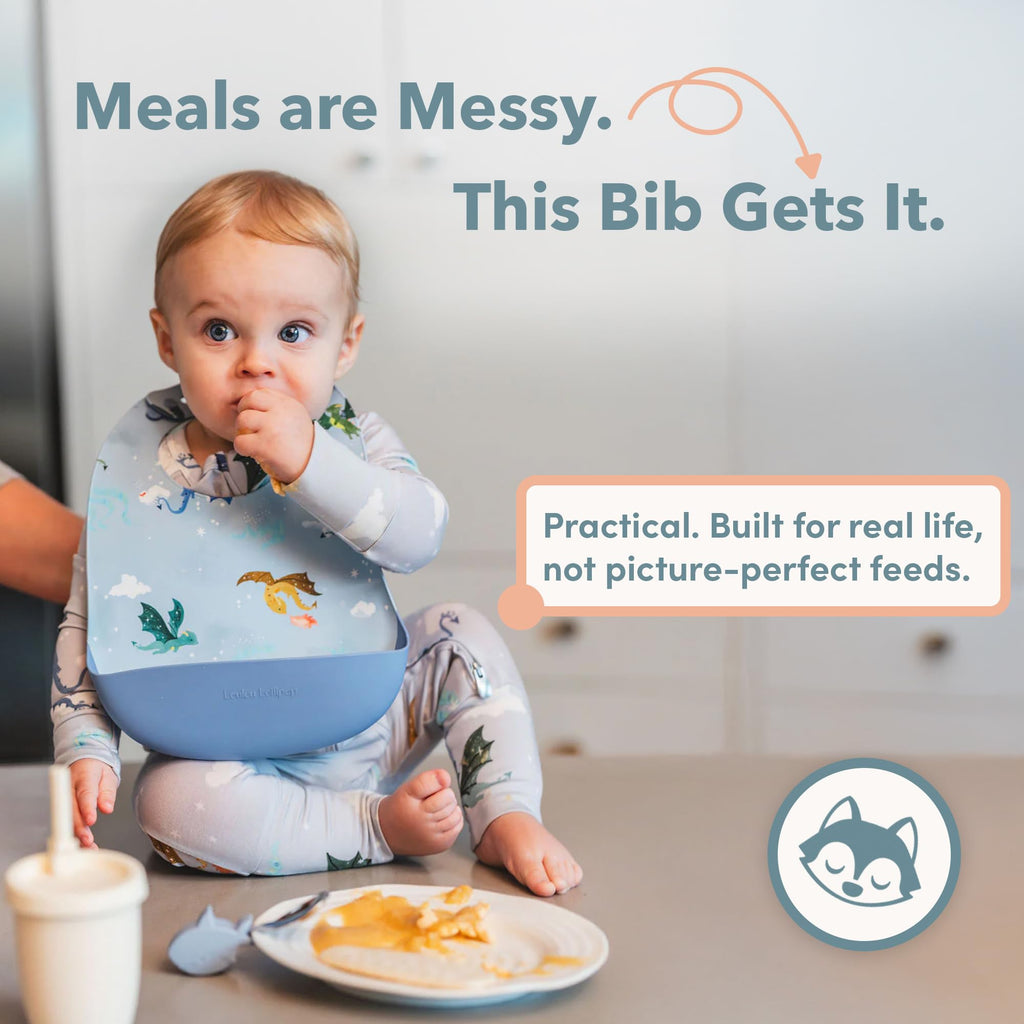 Waterproof Silicone Feeding Bib for Babies & Toddlers, Catch-All Pouch, Easy Clean, 3-36 Months - Safari Jungle