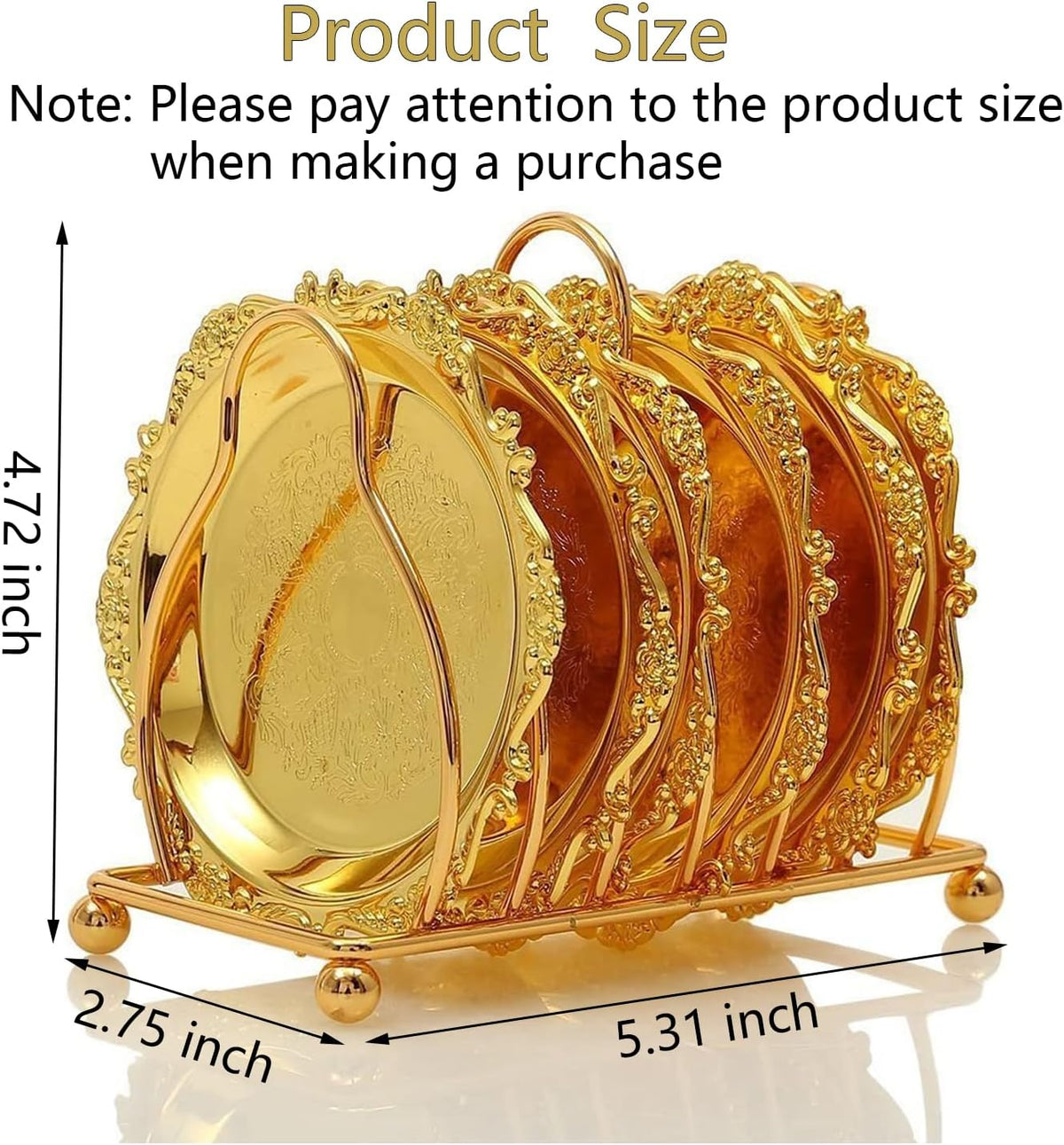 Collection Gold Coaster Creative Drink Coasters with Decorative Rack Non-Slip Metal Cup Mats Tabletop Display - Set of 6