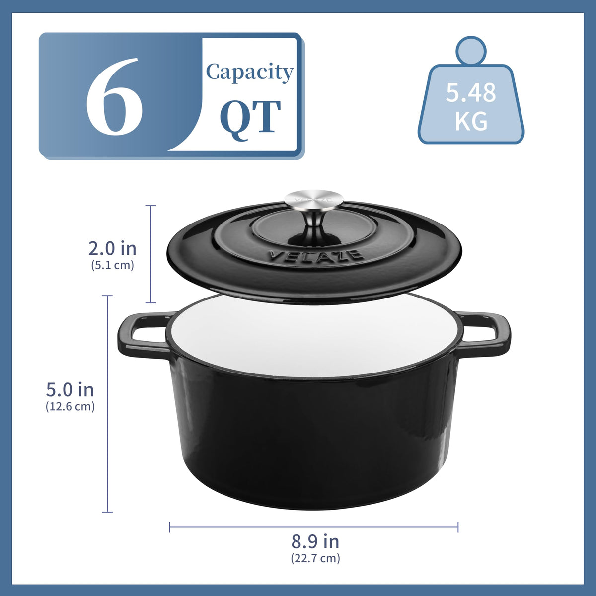 6 QT Enameled Cast Iron Dutch Oven Pot with Lid, Black