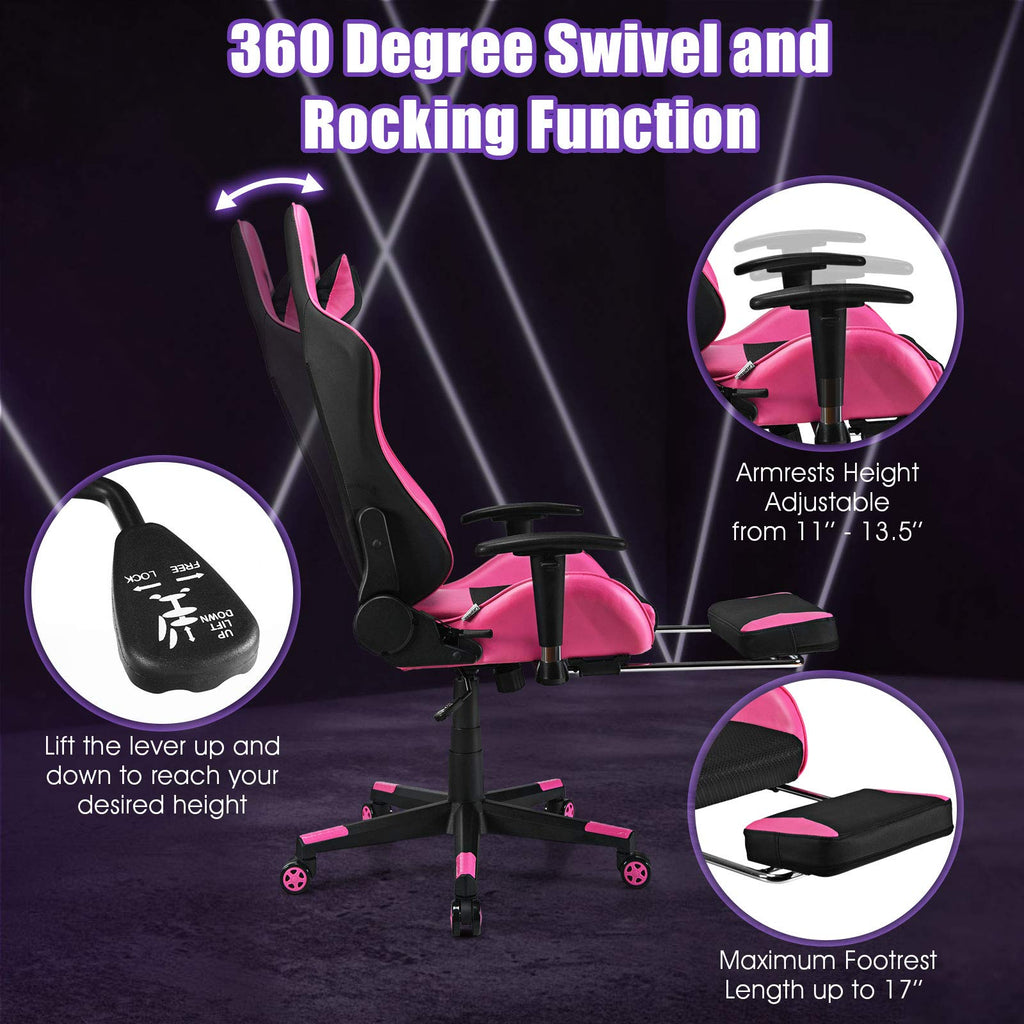 Massage Gaming Chair Pink, Ergonomic Video Game Chair with Footrest, High Back E-Sport Computer Chair with Headrest &