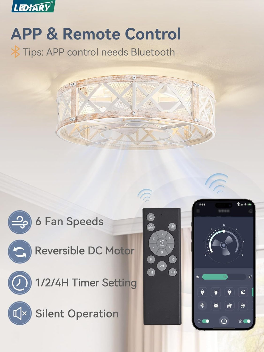 20" Flush Mount Caged Ceiling Fan with Light & Remote