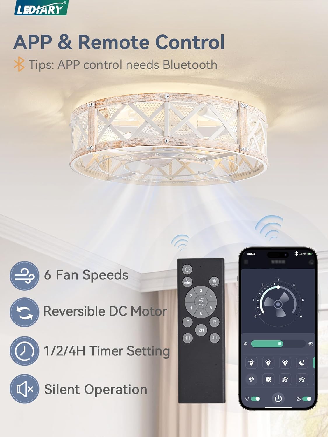 20" Flush Mount Caged Ceiling Fan with Light & Remote