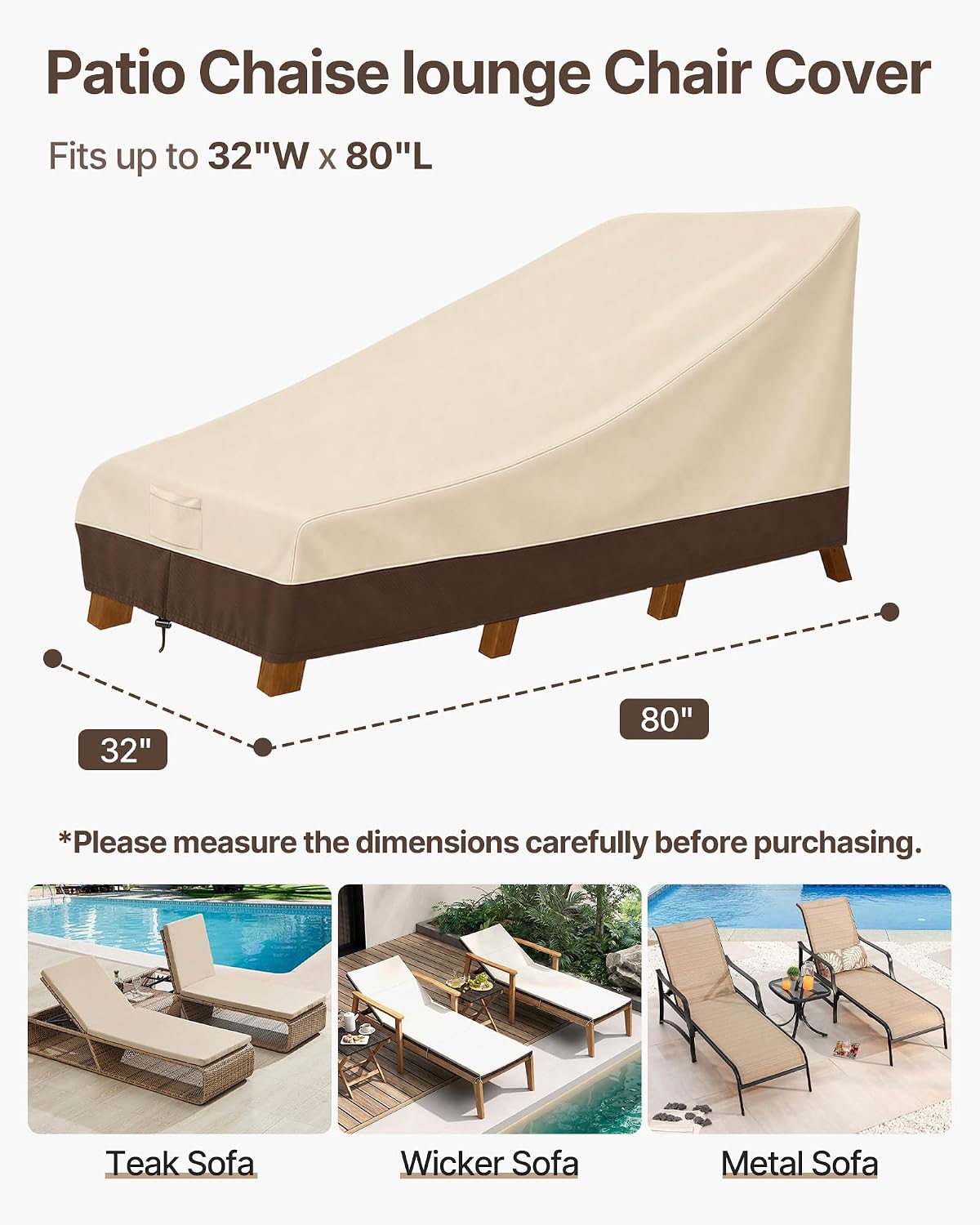 Waterproof Patio Chaise Lounge Cover, 600D Heavy Duty Outdoor Lounge Chair Covers,UV Resistant Patio Furniture