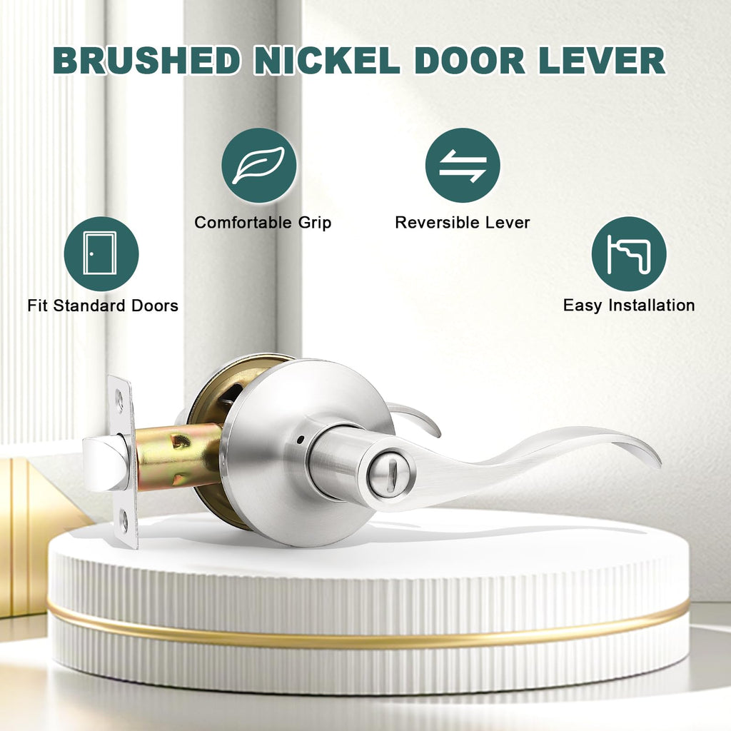 10 Pack Privacy Door Levers Bedroom Door Handle with Lock Satin Nickel Interior Door Handles Keyless Door Lock Wave