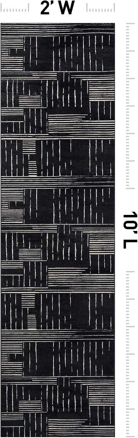 Block Stripe Machine Washable Non-Slip Runner Rug, Black
