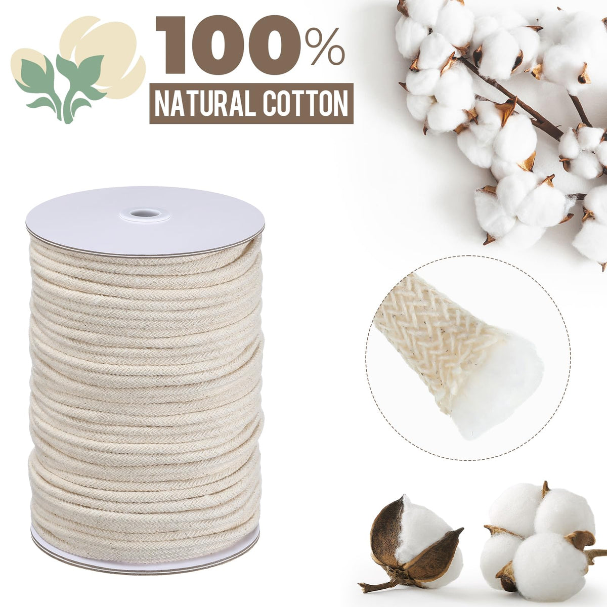 0.12 Inch x 100 yd Cotton Piping Cord Natural Cording for Sewing Cotton Cord for Upholstery Pillows Welting