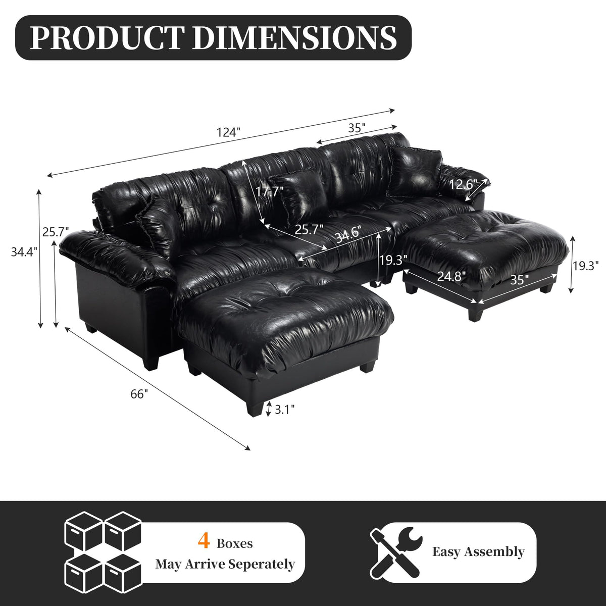 124" Black Leather U Shape Cloud Couch, 3 Seat Modular Sectional Sofa