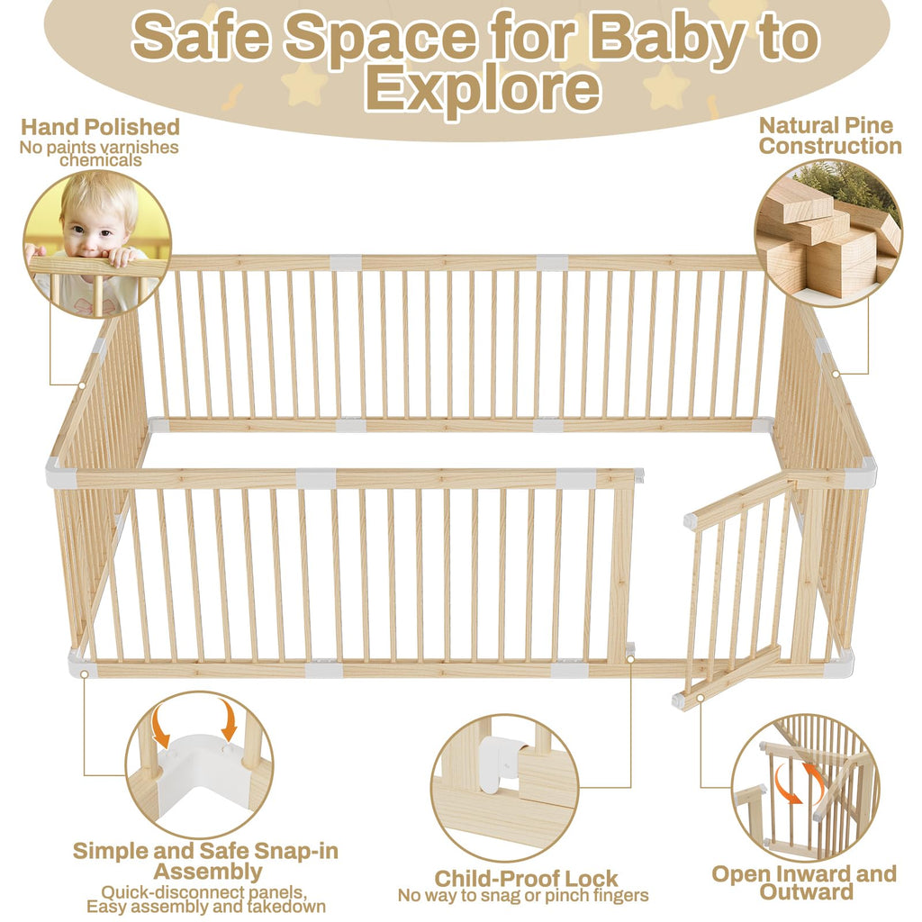 Wooden Baby Playpen, 56x83x24In Gate for Toddler and Babies