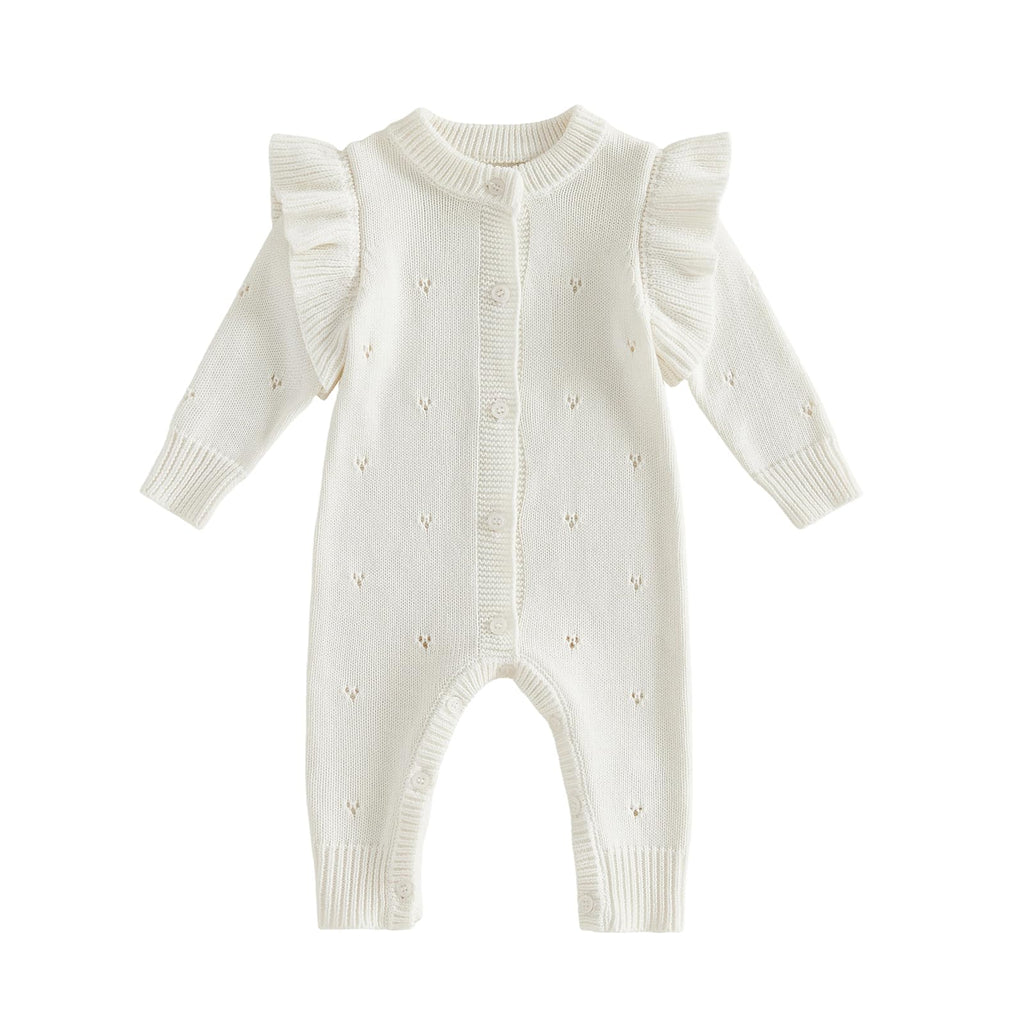 Newborn Girl Outfit Baby Ruffle Knit Romper Jumpsuit White