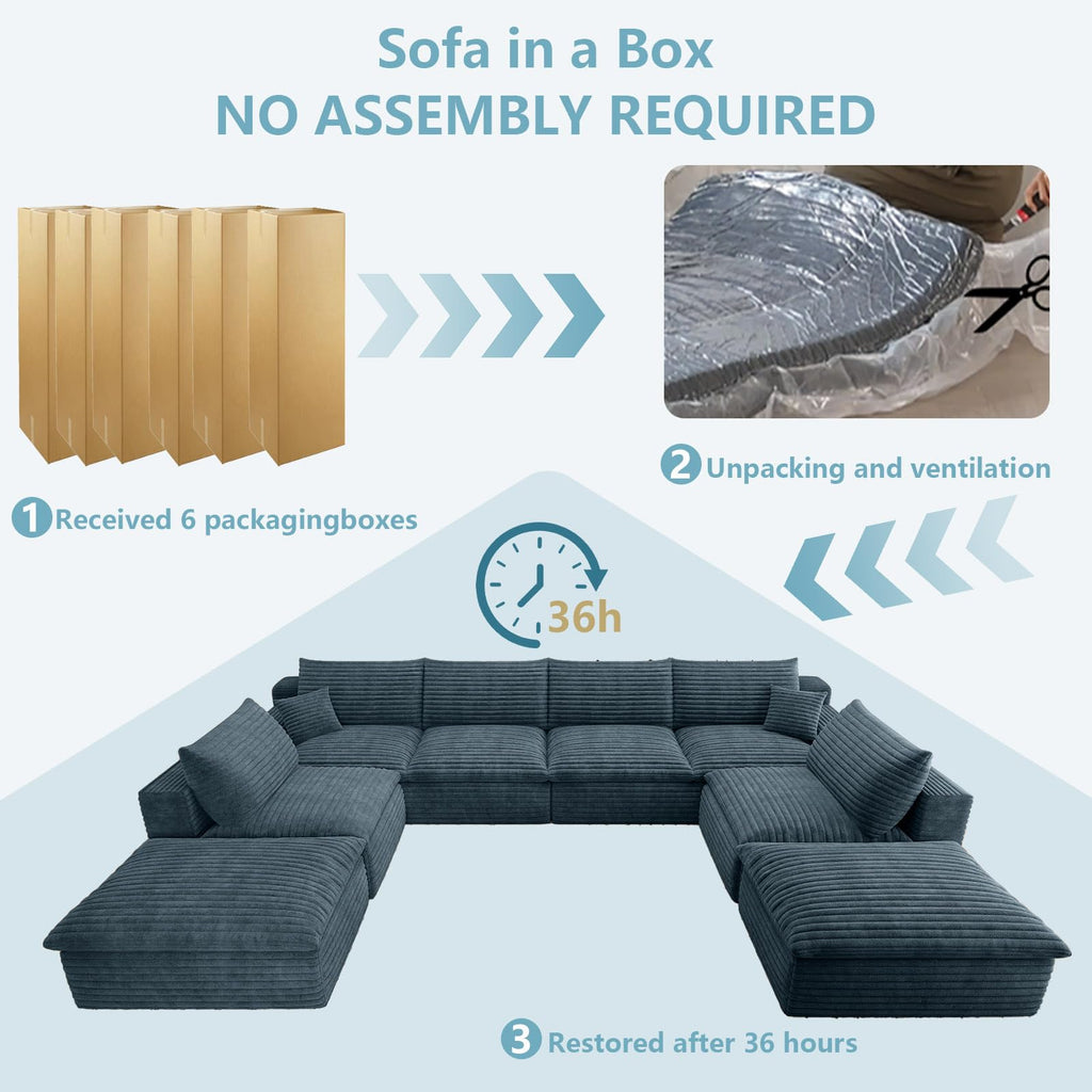 136" Cloud Sectional Couch with U-Shaped Chaise, 6-Seater Corduroy Viral Boneless Sofa with Ottoman, Memory Foam