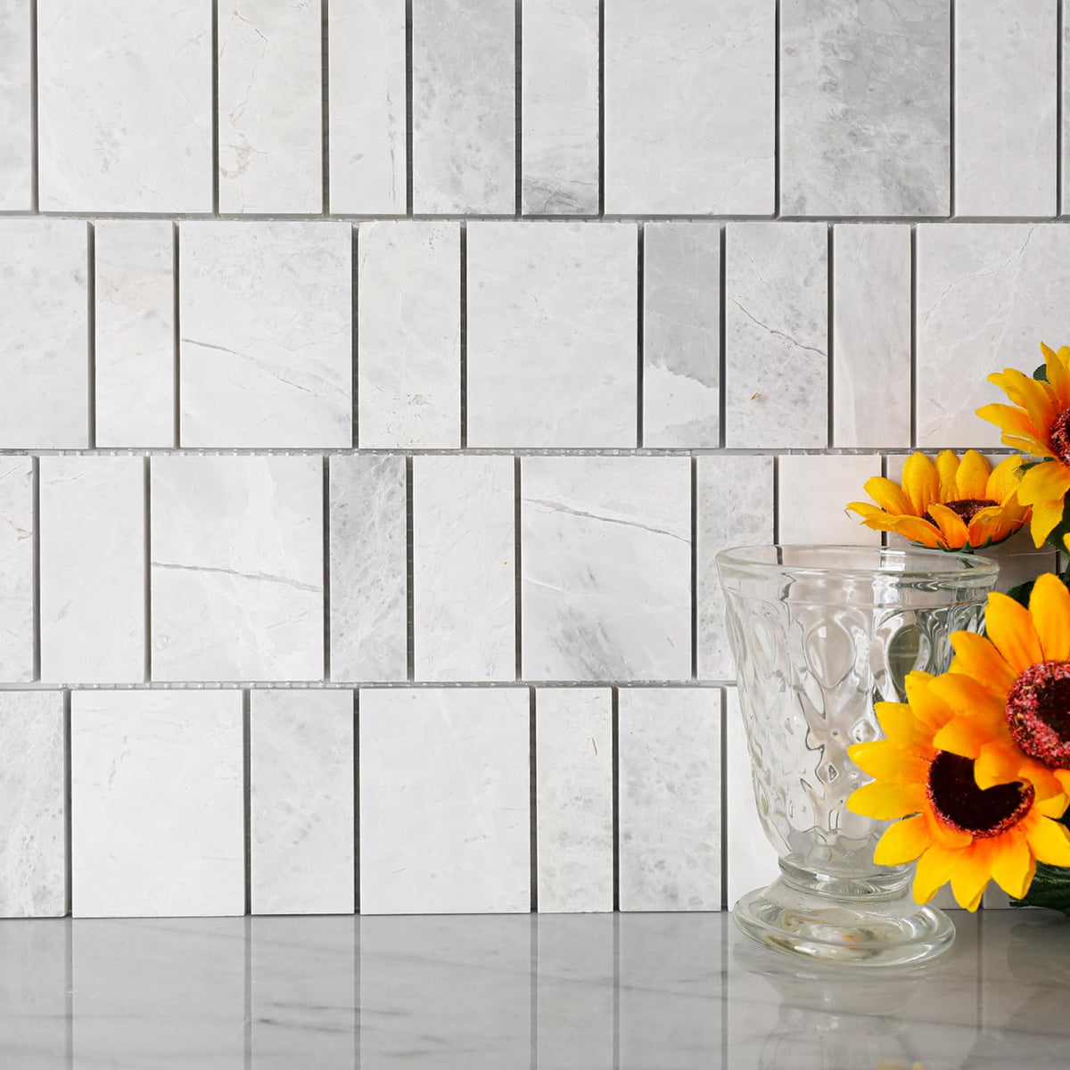 Andes Grey Marble Mosaic Tile, Offset Piano Pattern, Honed, Marble Backsplash Tiles Bathroom Wall Floor, Pack of 5
