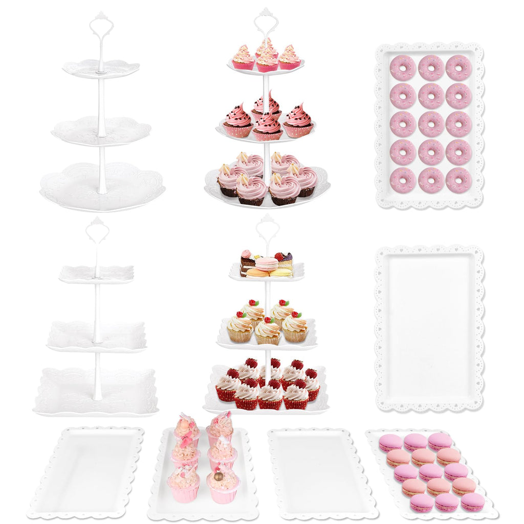 10Pcs Cupcake Stand, Dessert Table Display Set, 4 White 3 Tired Cake Stand 6 Plastic Serving Trays for Party Cookie